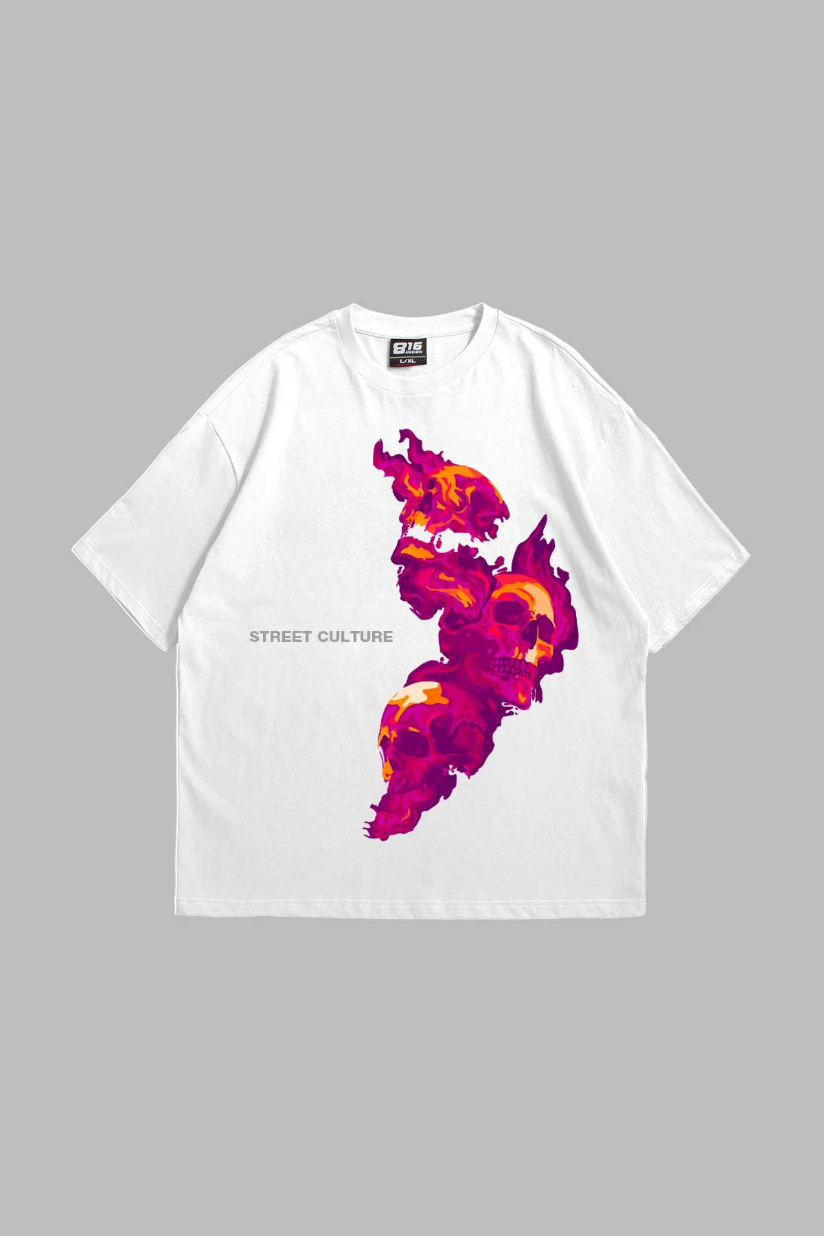 Skull Smoke 816 Baskılı 24/1 Oversize Unisex Beyaz Tshirt