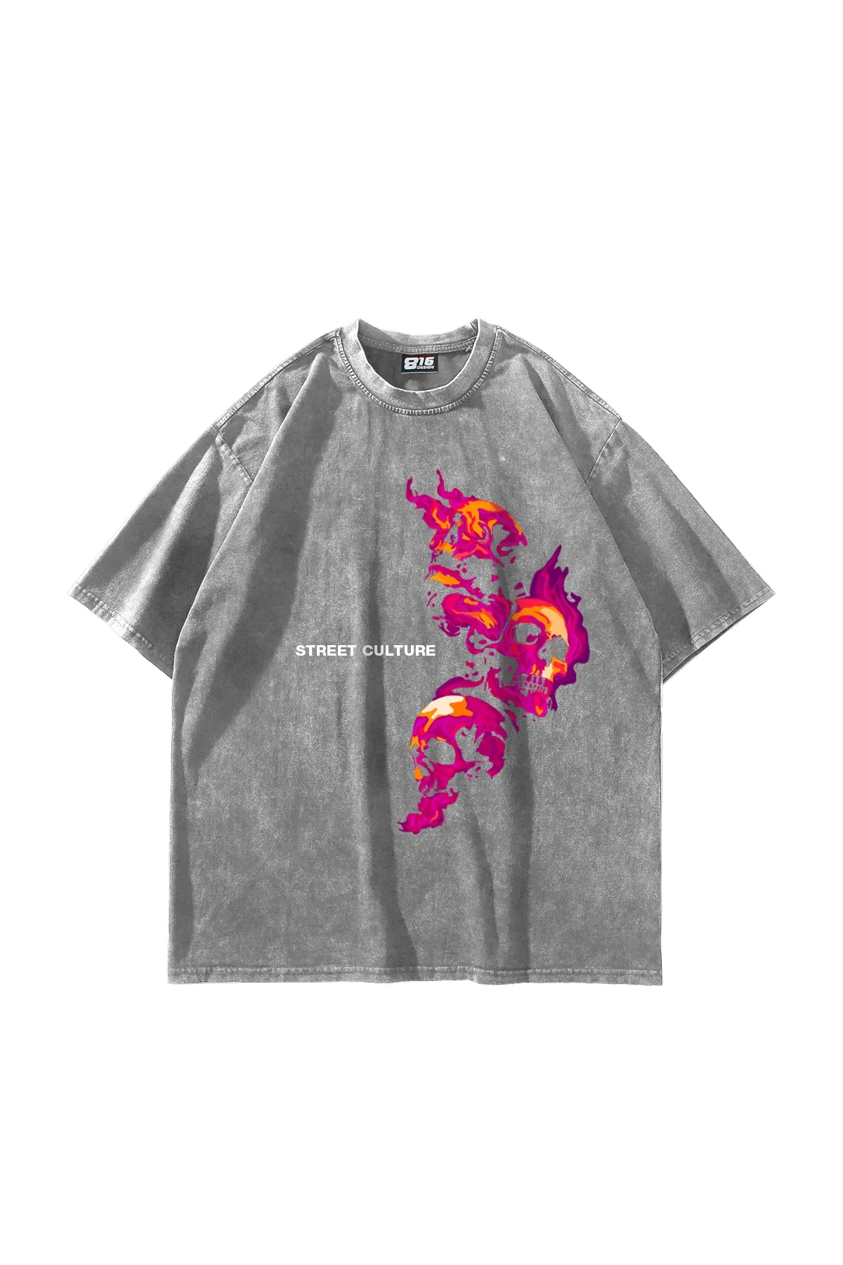 Skull Smoke 816 Baskılı 24/1 Oversize Unisex Yıkamalı Beyaz Tshirt