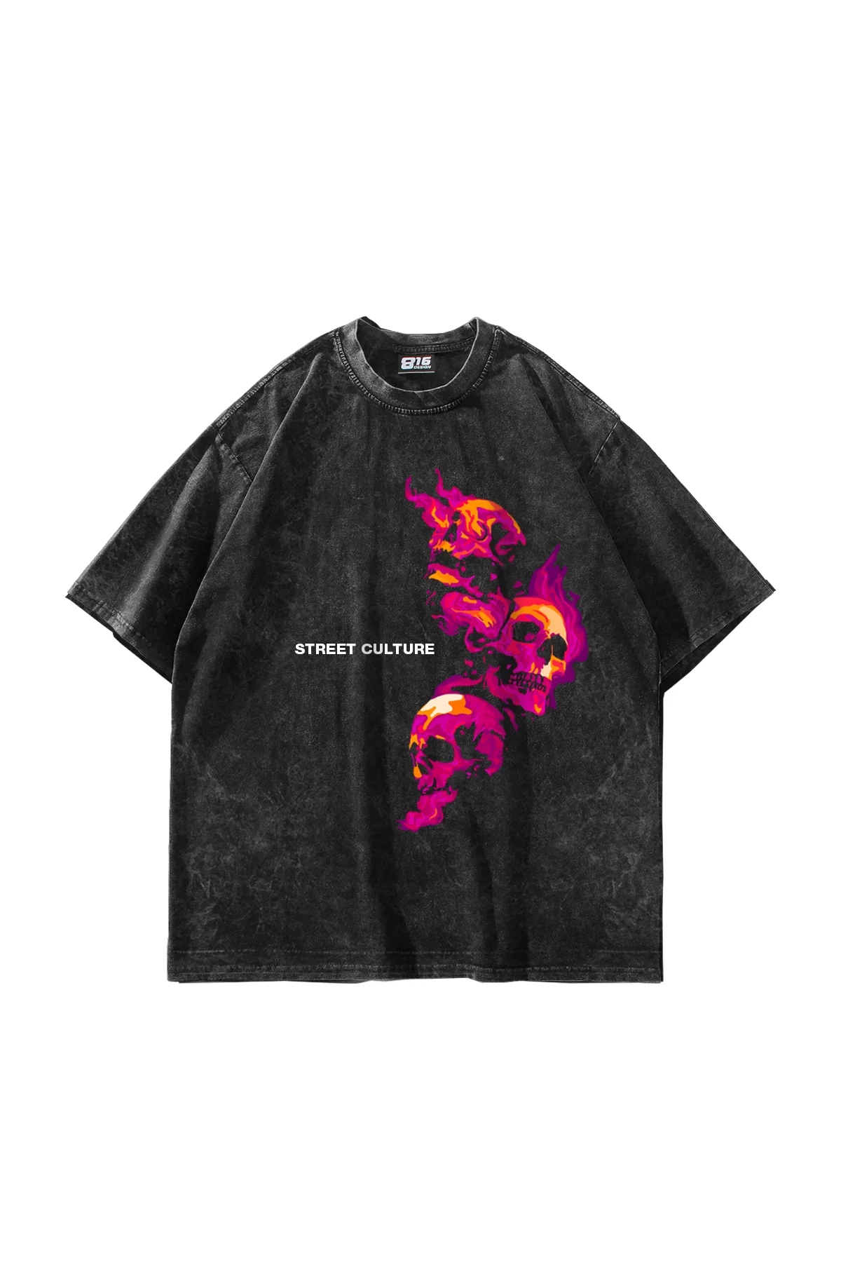 Skull Smoke 816 Baskılı 24/1 Oversize Unisex Yıkamalı Siyah Tshirt