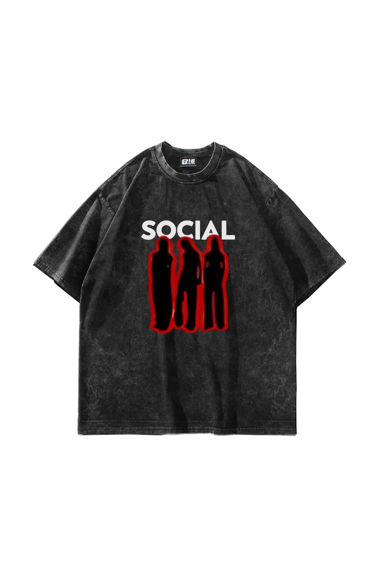 Social Baskılı Yıkamalı Siyah Unisex Oversize Tshirt