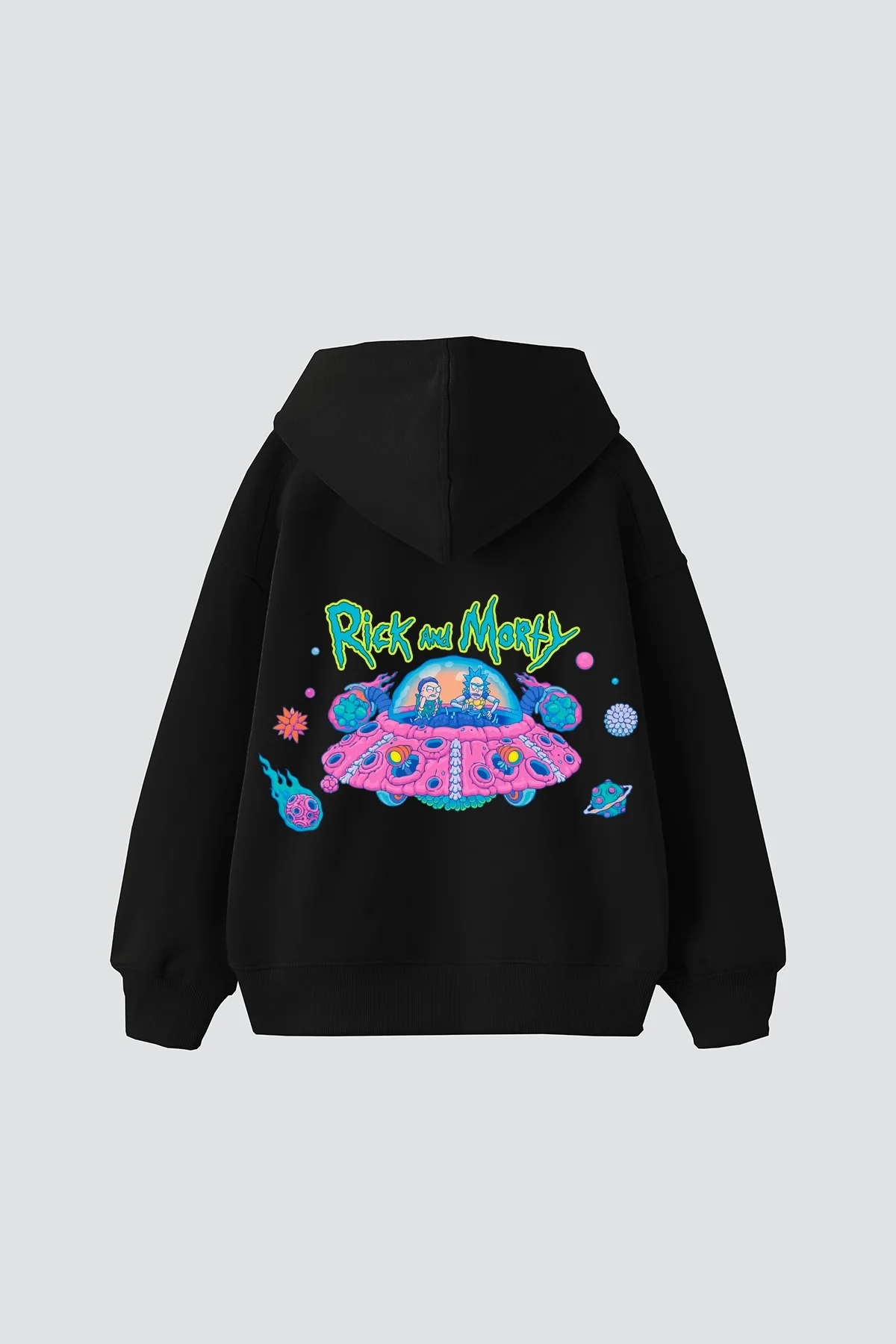 Space Ship Baskılı Oversize Unisex Siyah Hoodie