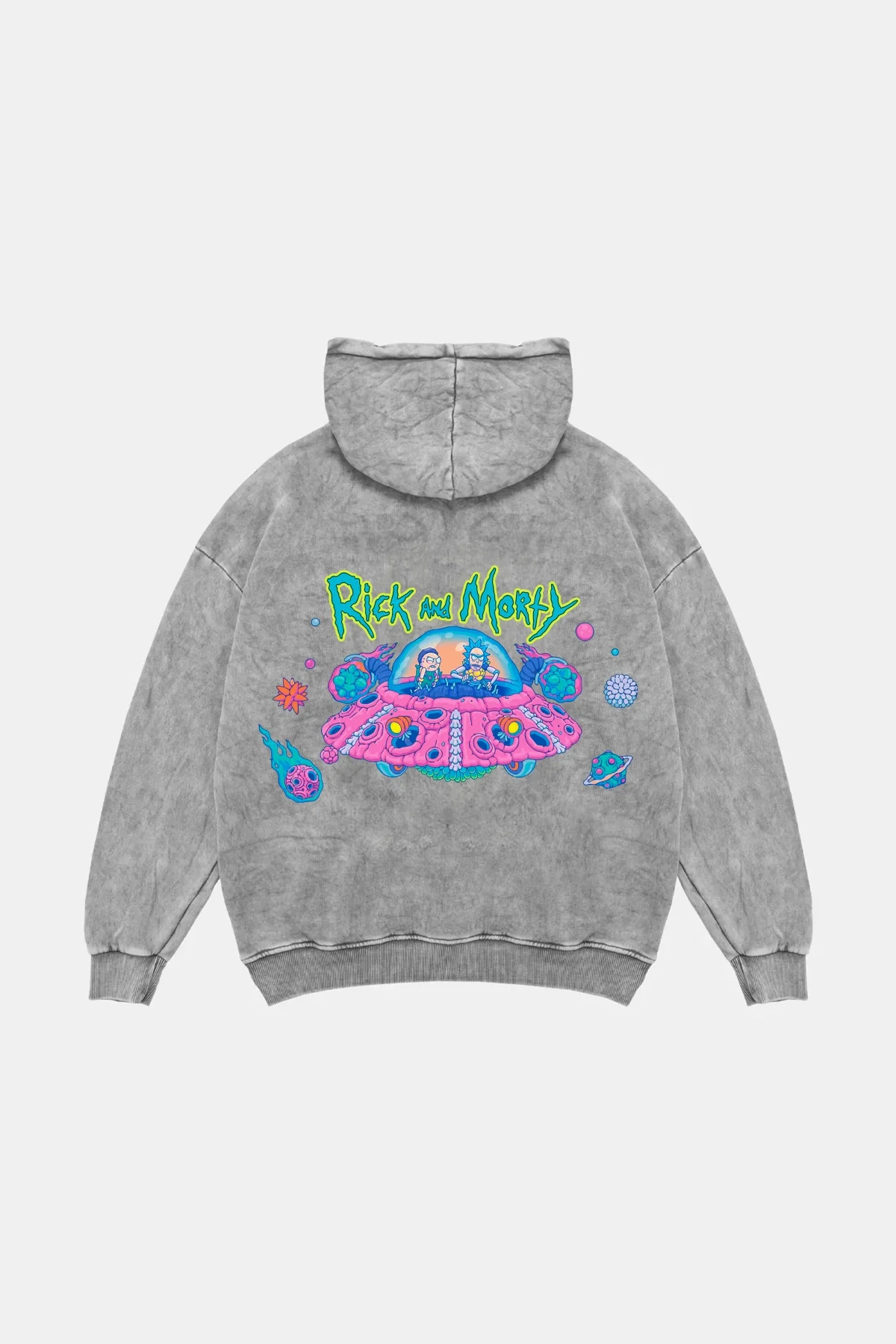 Space Ship Baskılı Oversize Unisex Yıkamalı Beyaz Hoodie