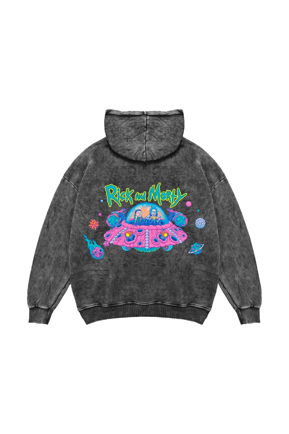 Space Ship Baskılı Oversize Unisex Yıkamalı Siyah Hoodie