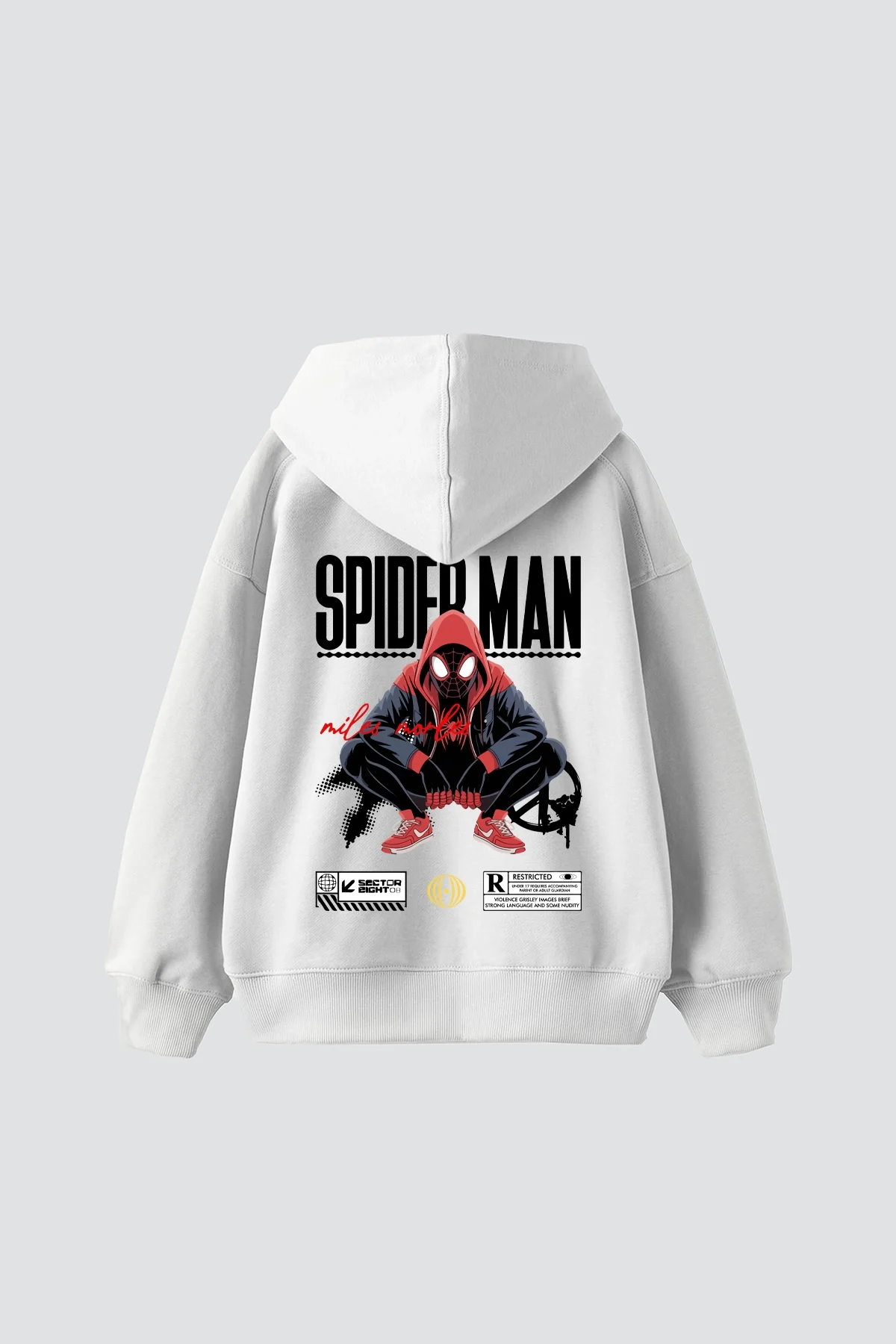 Spıder Baskılı Oversize Unisex Beyaz Hoodie