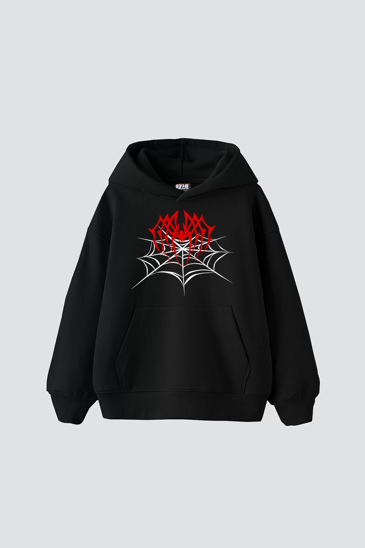 Spider Web Baskılı Oversize Unisex Premium Siyah Hoodie