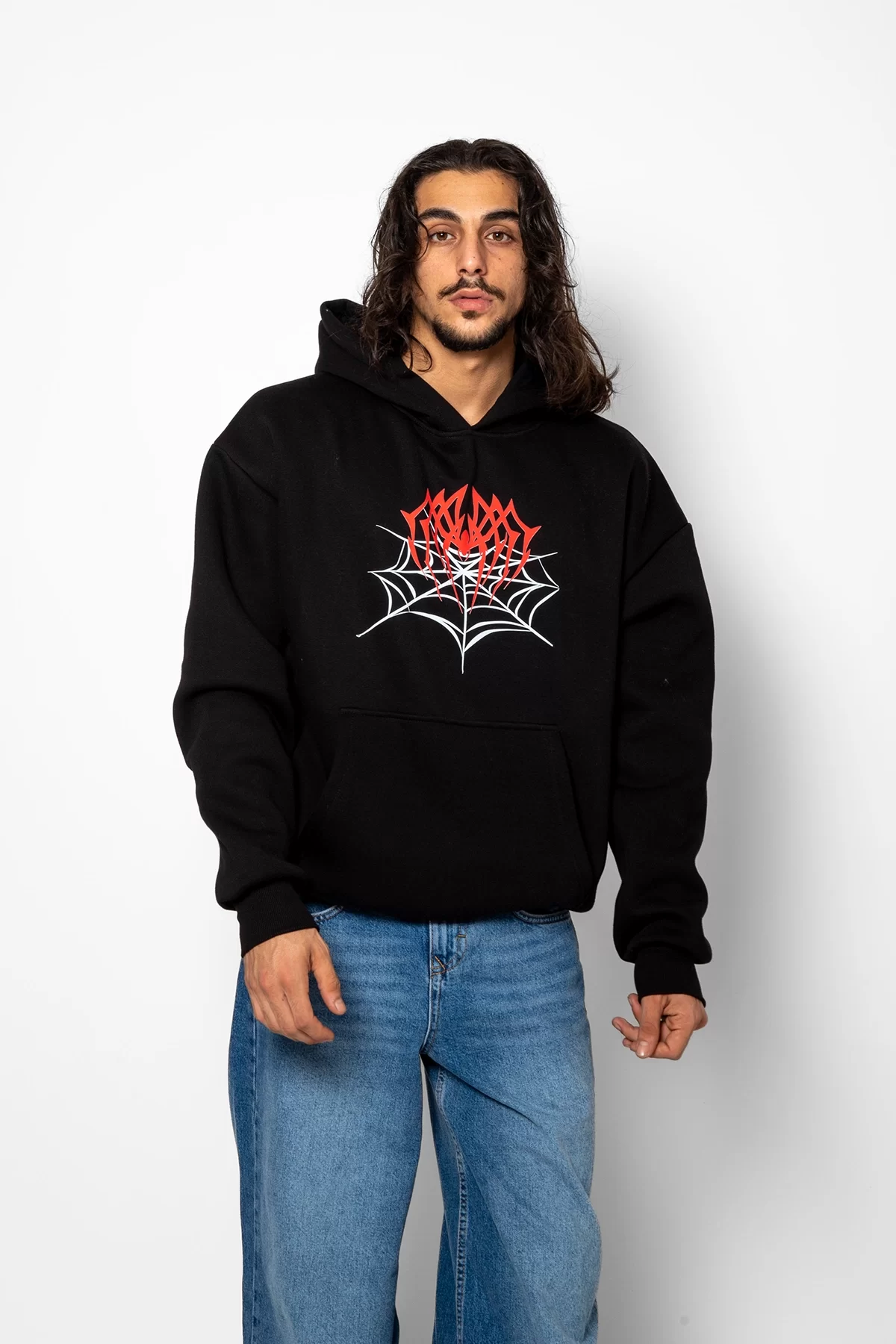 Spider Web Baskılı Oversize Unisex Premium Siyah Hoodie