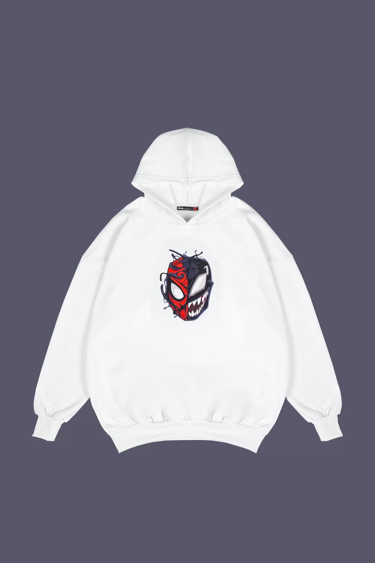 Rahat Kalıp İki İplik Spider X Venom Unisex Beyaz Hoodie