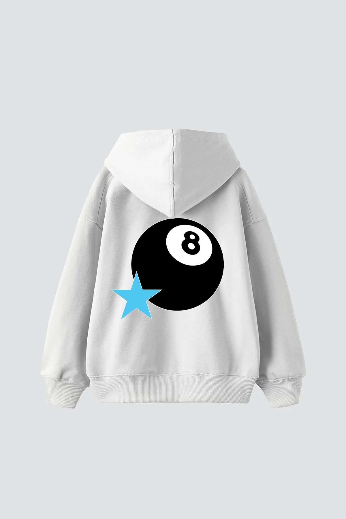 Star Eight Ball Baskılı Oversize Unisex Beyaz Hoodie