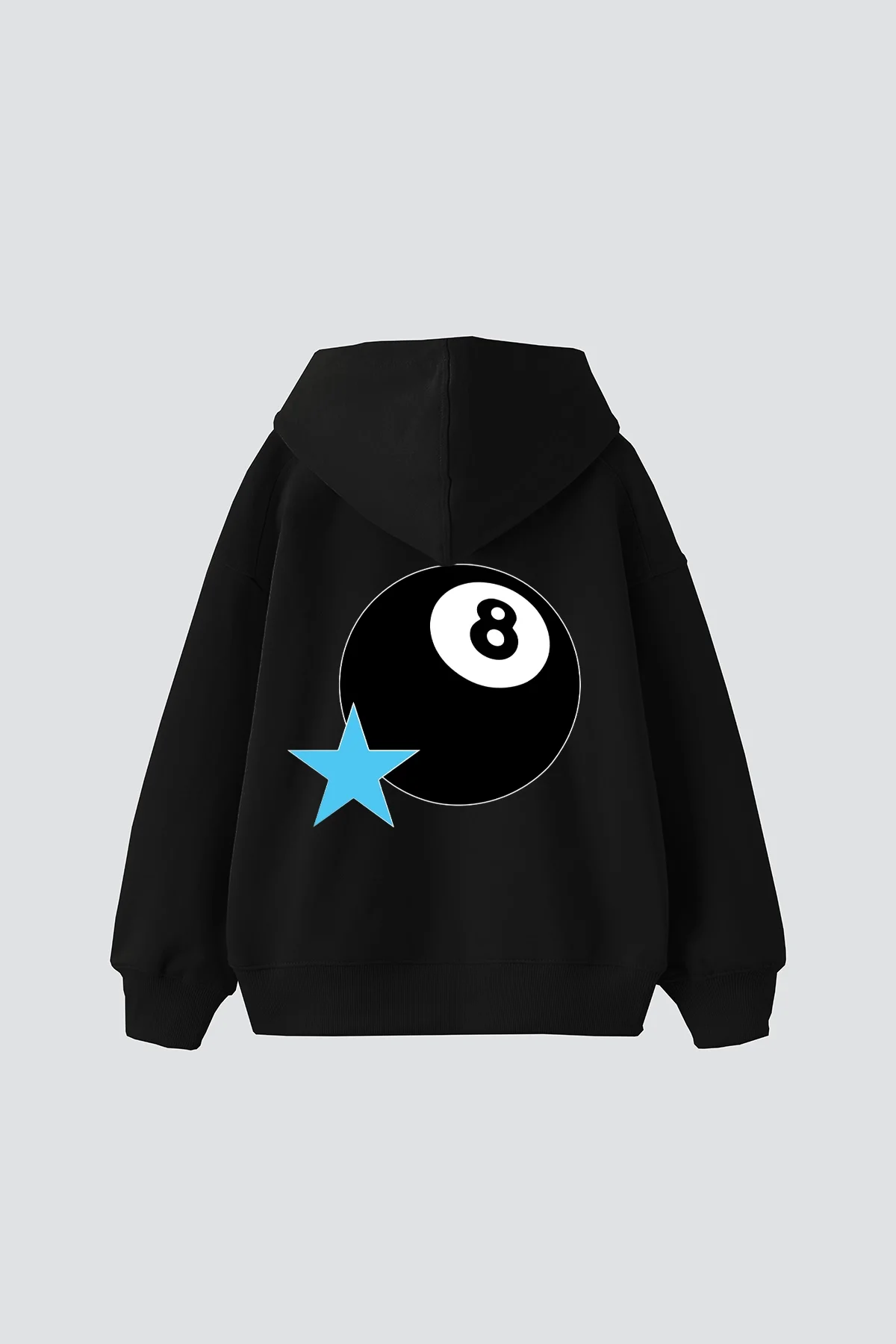 Star Eight Ball Baskılı Oversize Unisex Siyah Hoodie