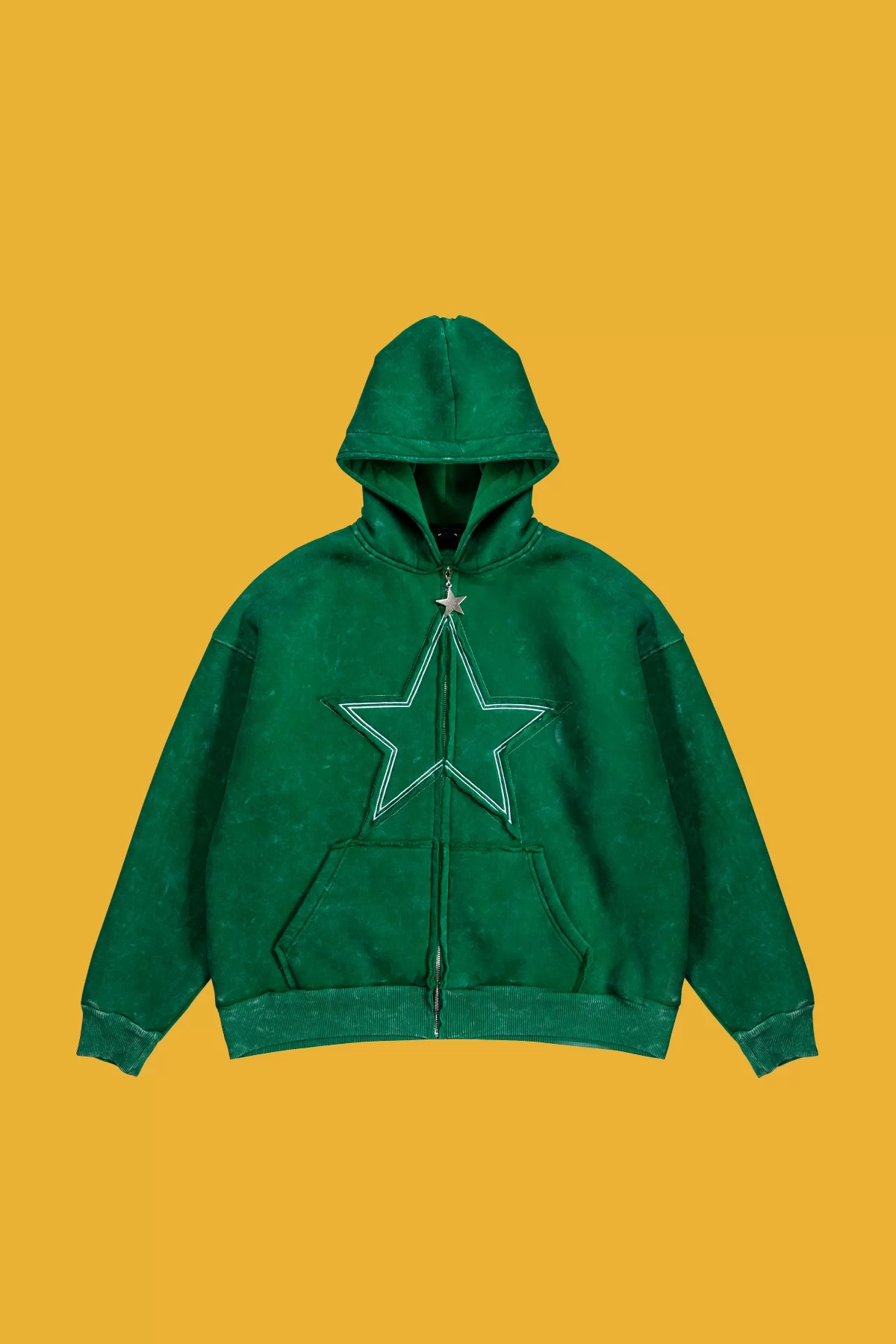 Star İşleme Detaylı Fermuarlı Oversize Unisex Yeşil Hoodie