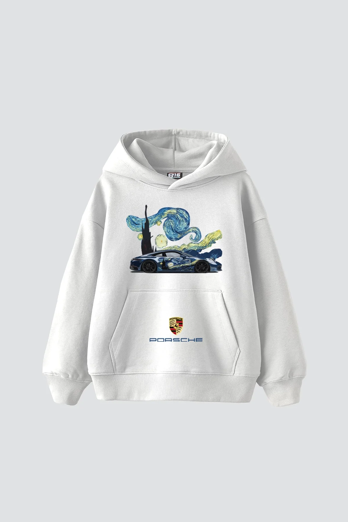 Starry Night Porsche Baskılı Oversize Unisex Beyaz Hoodie