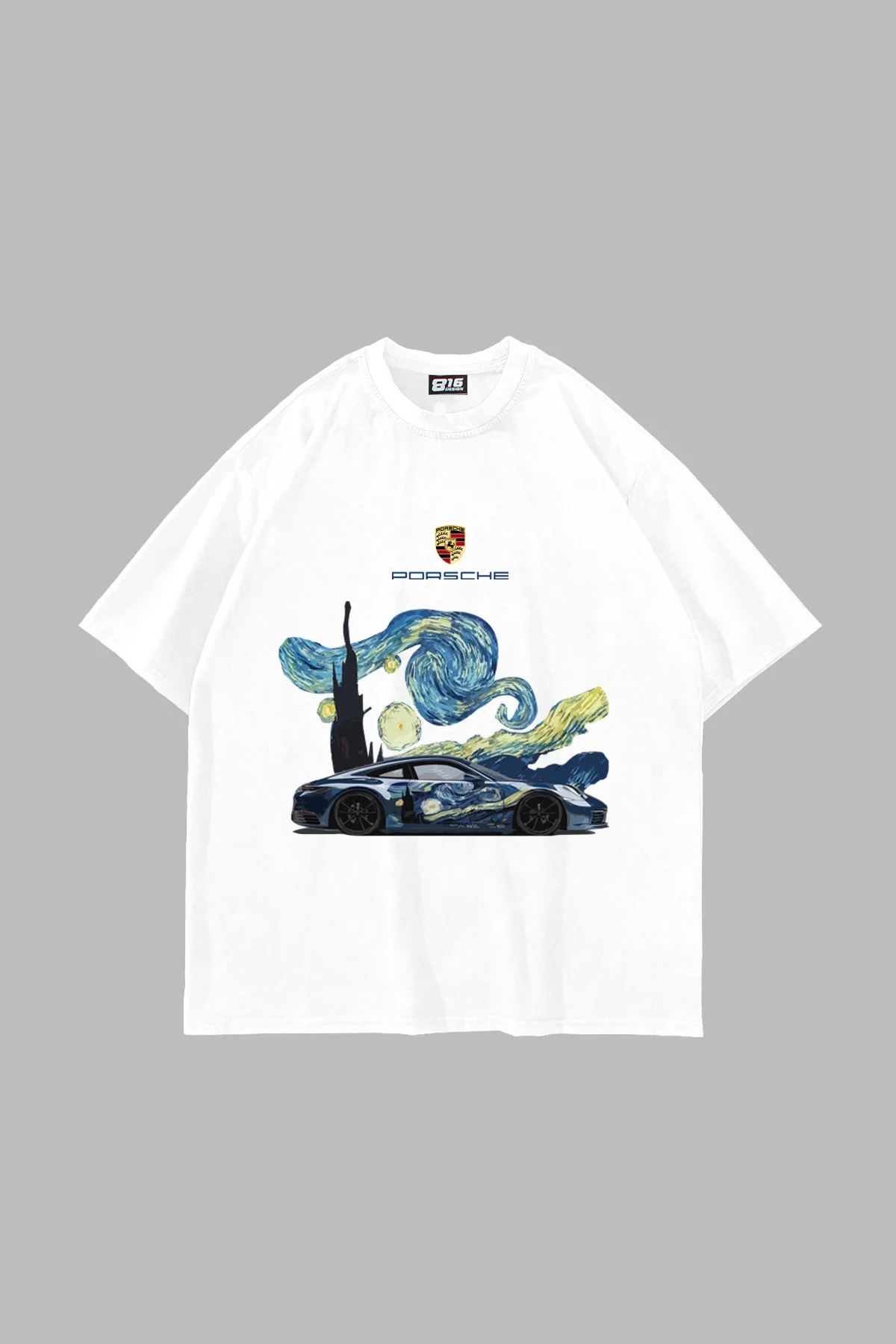 Starry Night Porsche Baskılı Oversize Unisex Beyaz Tshirt