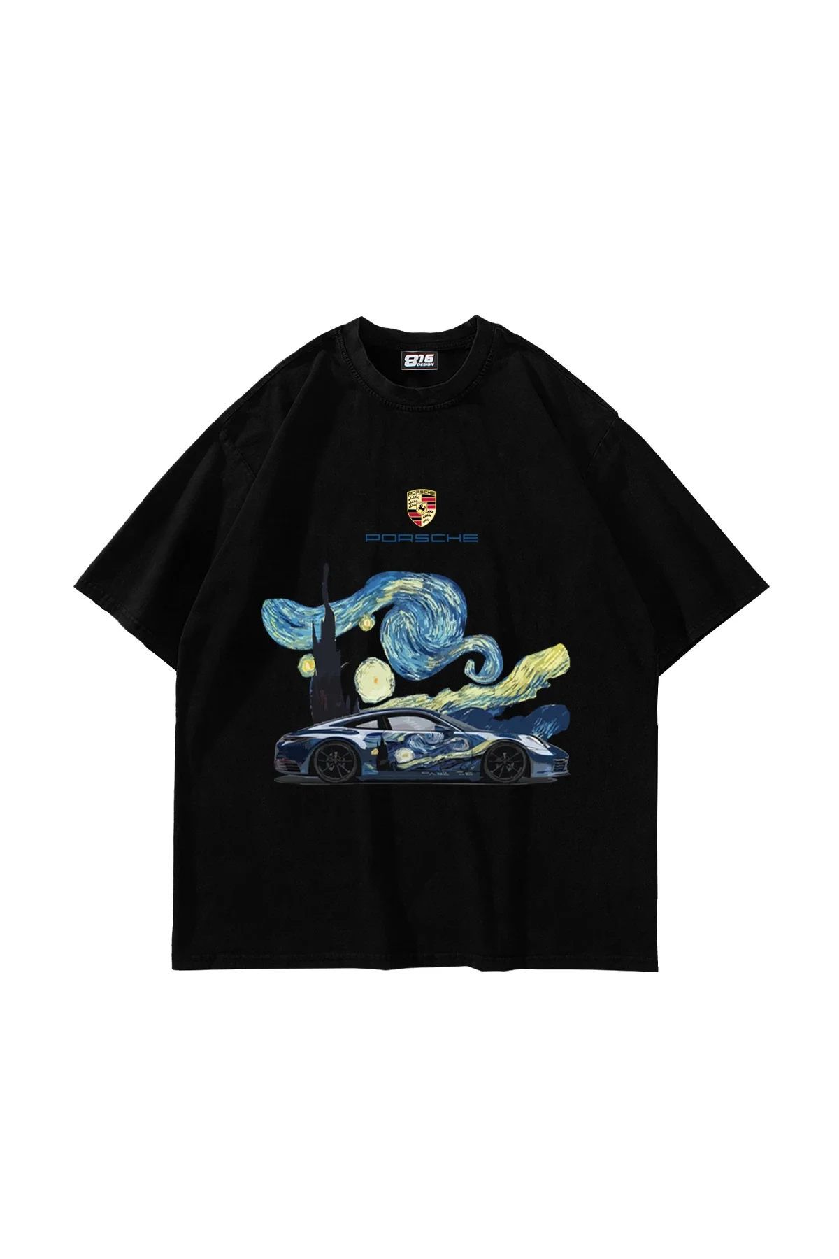 Starry Night Porsche Baskılı Oversize Unisex Siyah Tshirt
