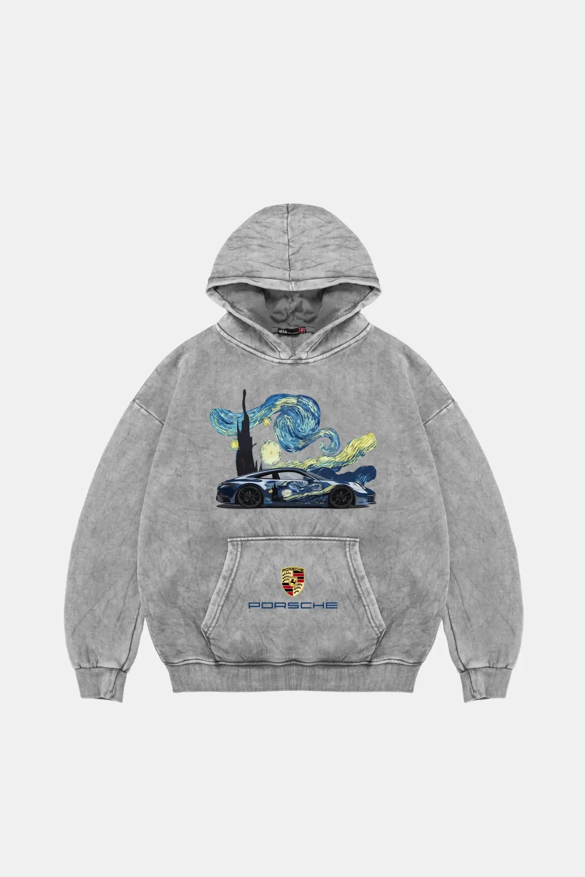 Starry Night Porsche Baskılı Oversize Unisex Yıkamalı Beyaz Hoodie