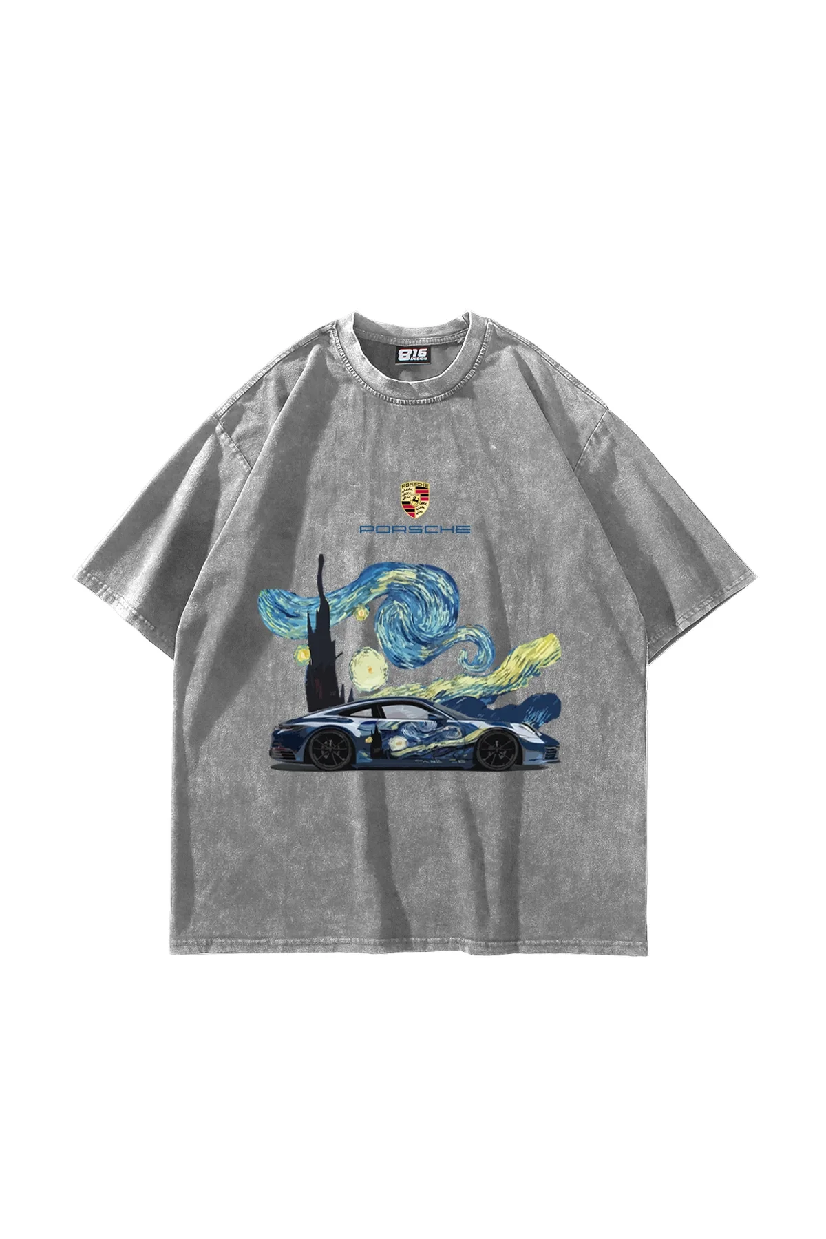 Starry Night Porsche Baskılı Oversize Unisex Yıkamalı Beyaz Tshirt