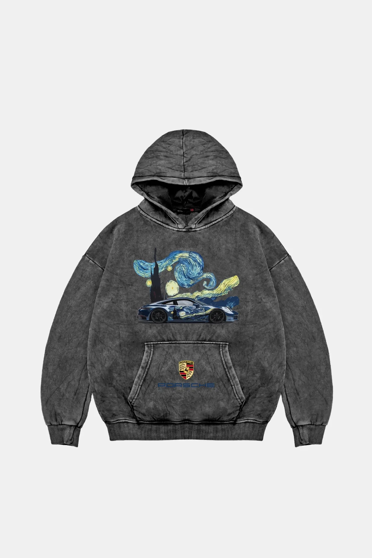 Starry Night Porsche Baskılı Oversize Unisex Yıkamalı Siyah Hoodie
