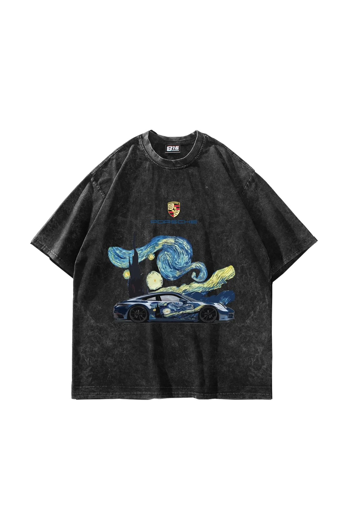 Starry Night Porsche Baskılı Oversize Unisex Yıkamalı Siyah Tshirt