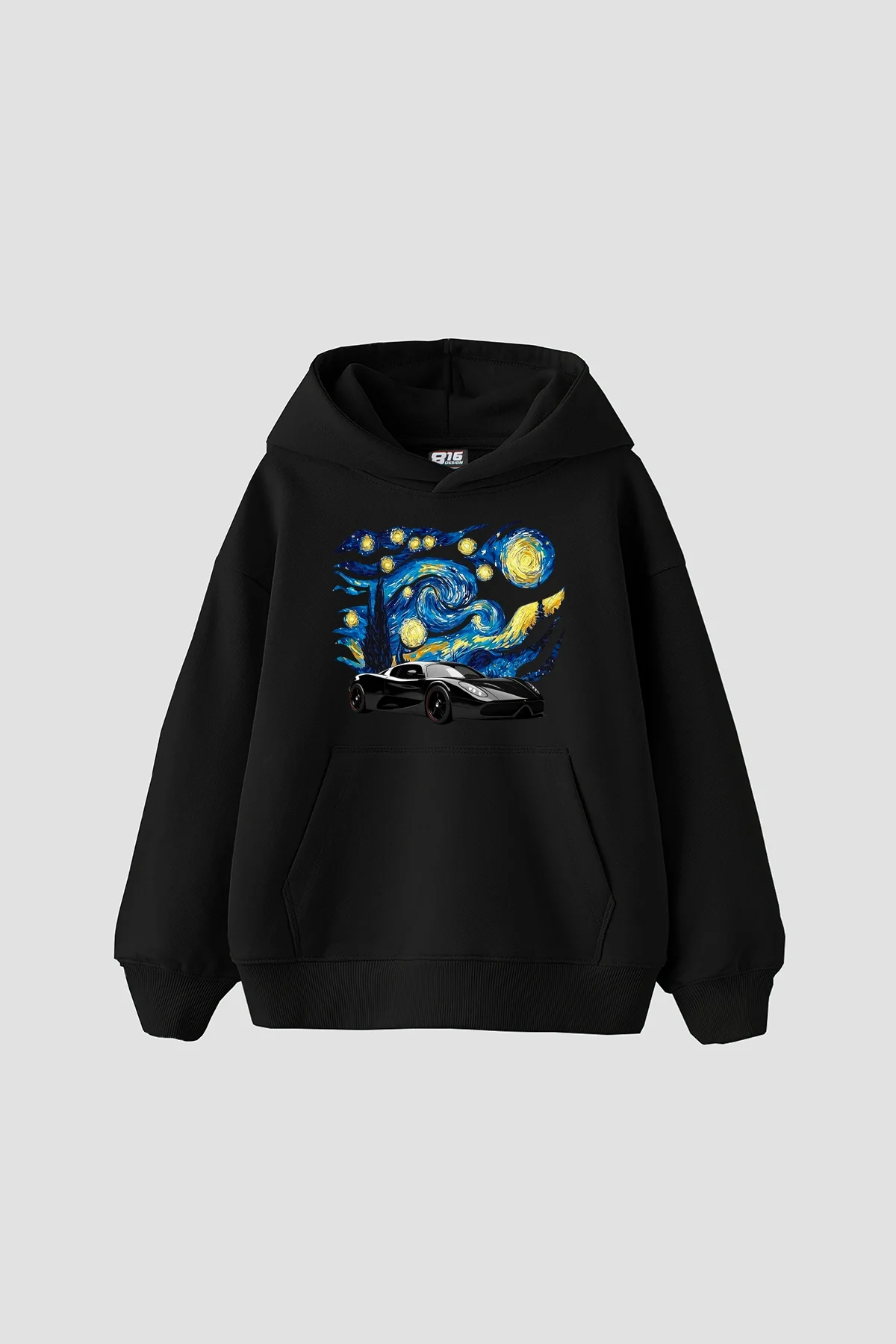 Starry Night Race Baskılı Oversize Unisex Siyah Hoodie