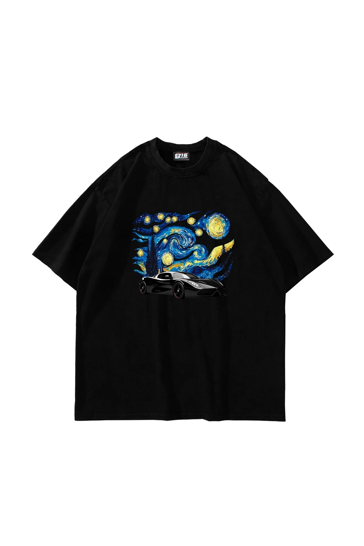 Starry Night Race Baskılı Oversize Unisex Siyah Tshirt