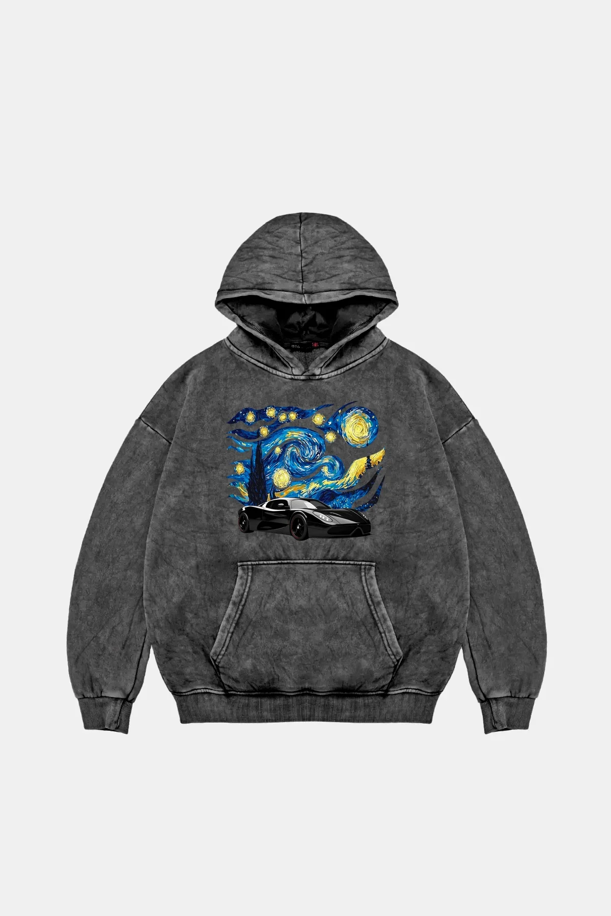 Starry Night Race Baskılı Oversize Unisex Yıkamalı Siyah Hoodie