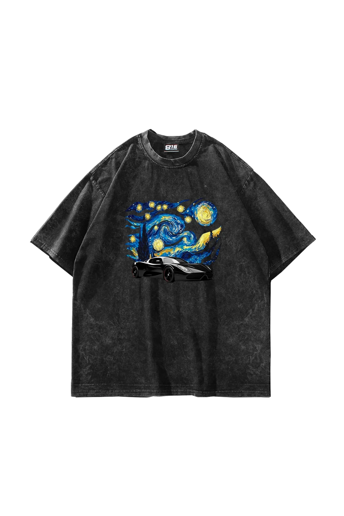 Starry Night Race Baskılı Oversize Unisex Yıkamalı Siyah Tshirt