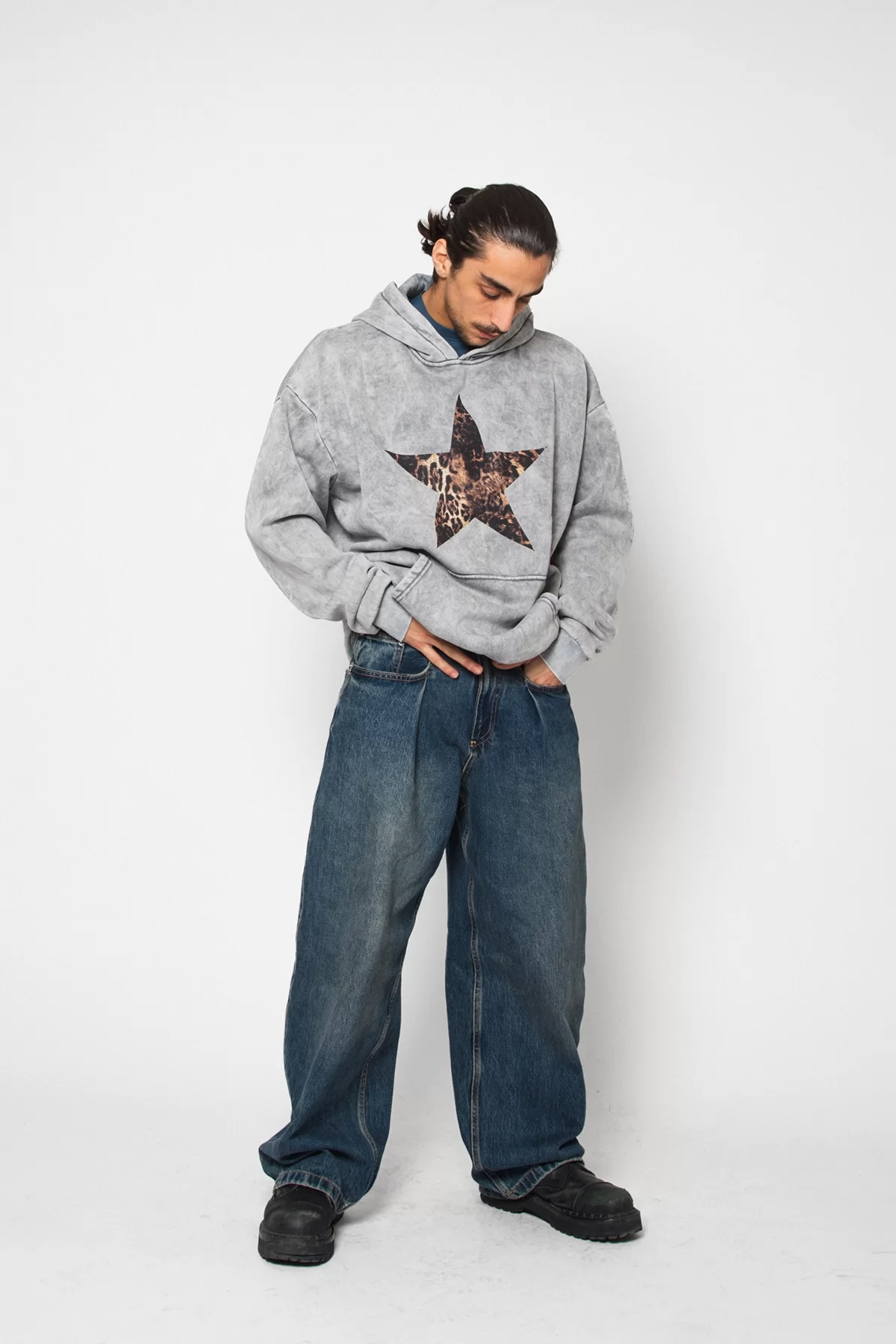 Leopar Starz Baskılı Oversize Unisex Premium Yıkamalı Beyaz Hoodie