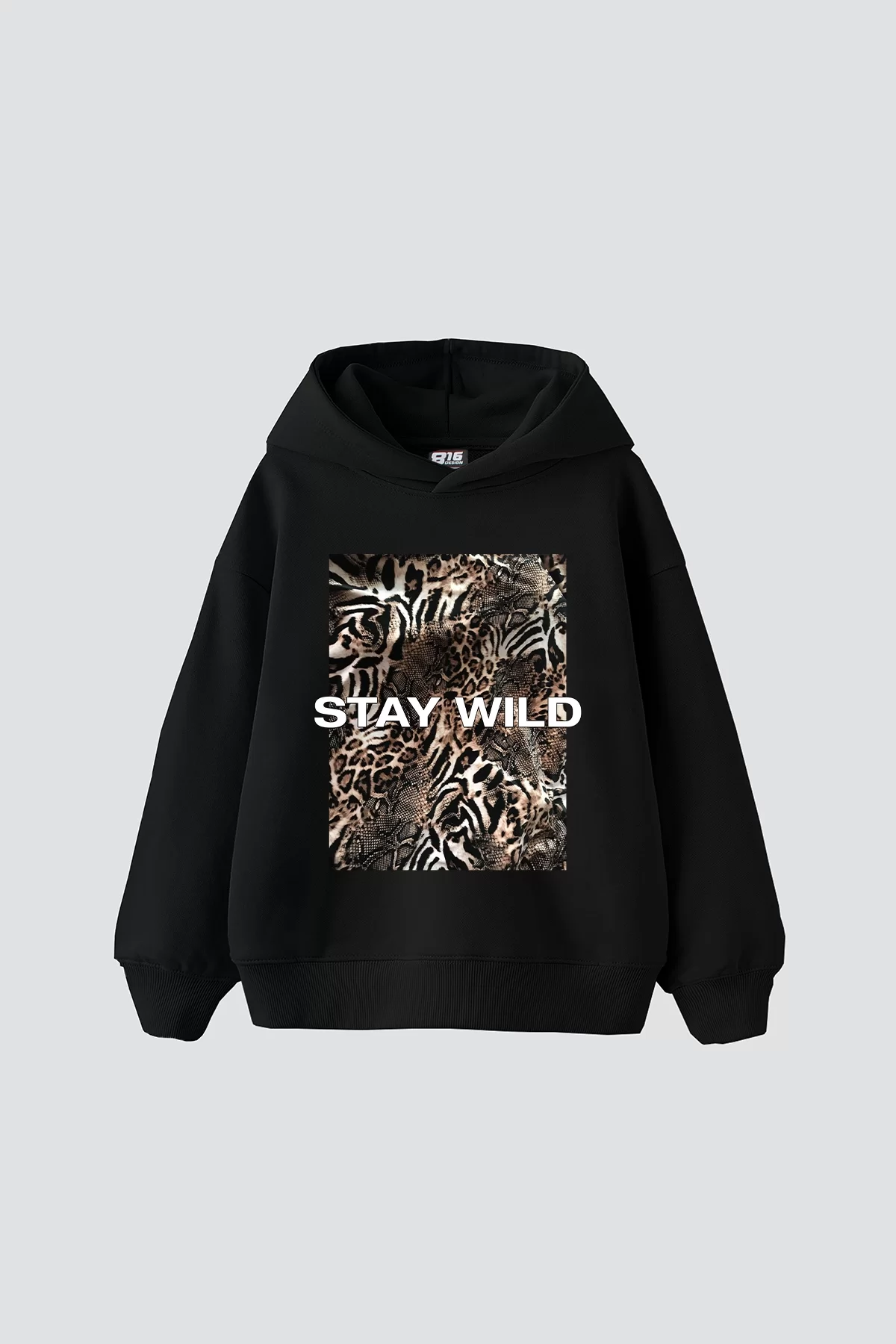 Stay Wild Baskılı Oversize Unisex Premium Siyah Hoodie