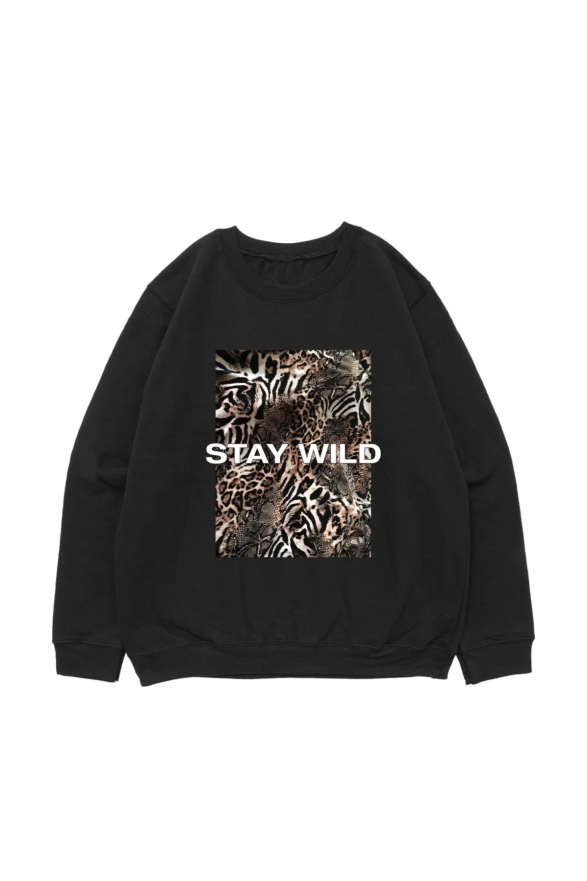 Stay Wild Leopar Baskılı Siyah Oversize Unisex Sweatshirt