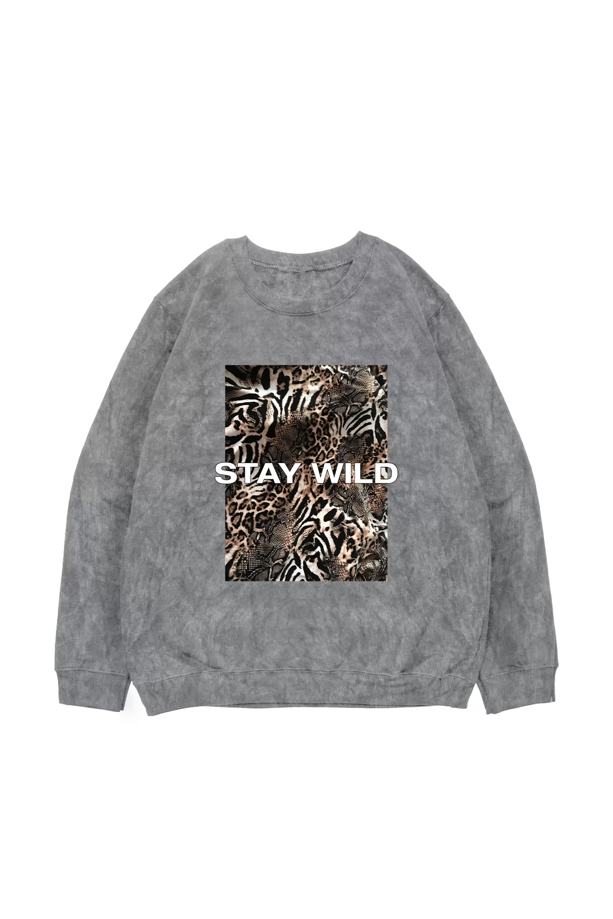 Stay Wild Leopar Baskılı Yıkamalı Beyaz Oversize Unisex Sweatshirt