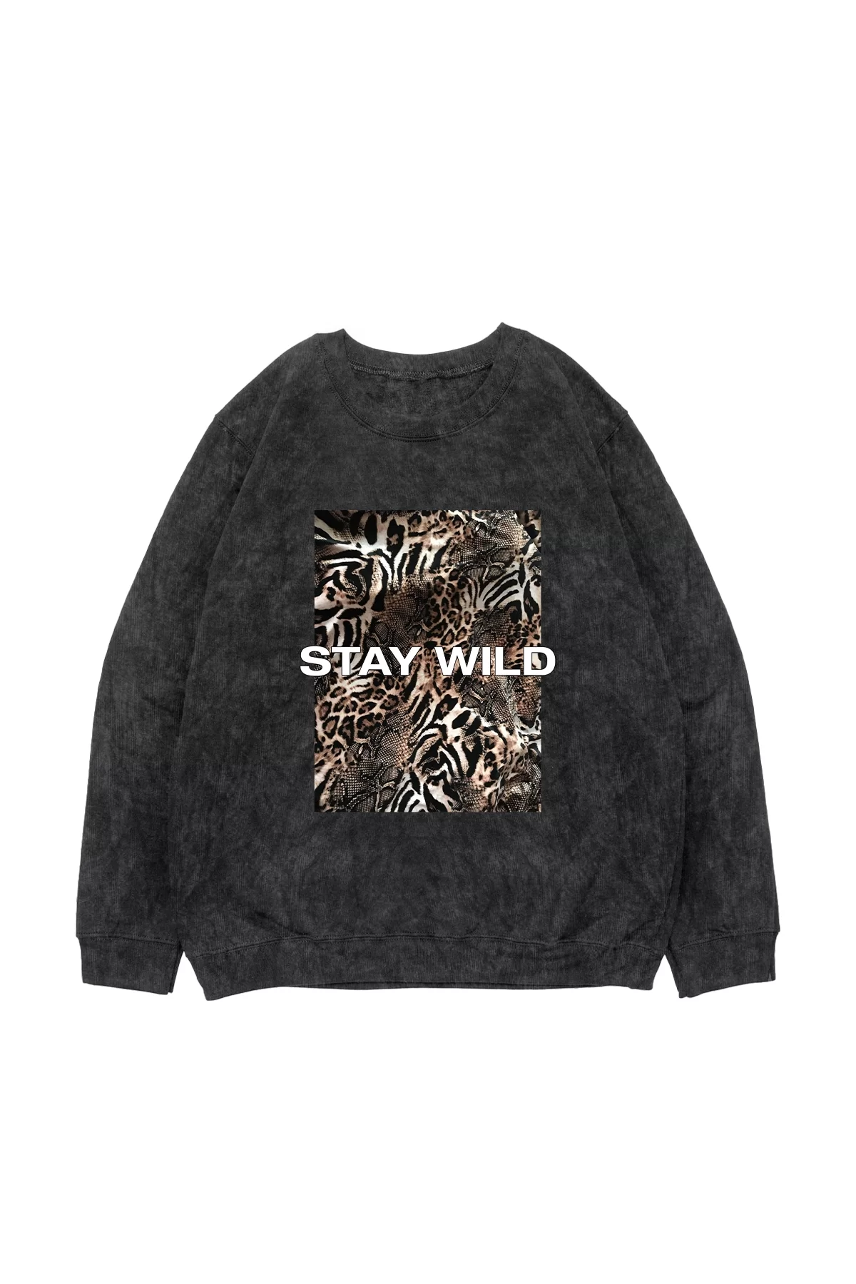 Stay Wild Leopar Baskılı Yıkamalı Siyah Oversize Unisex Sweatshirt