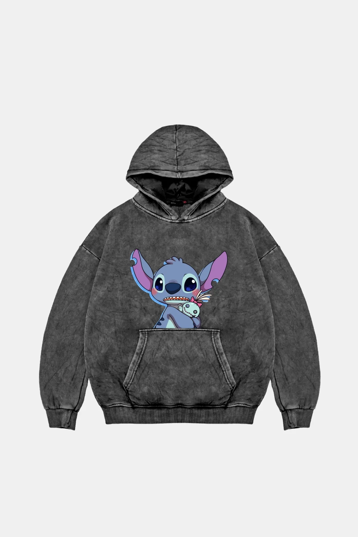 Stitch Baby Baskılı Oversize Unisex Yıkamalı Siyah Hoodie