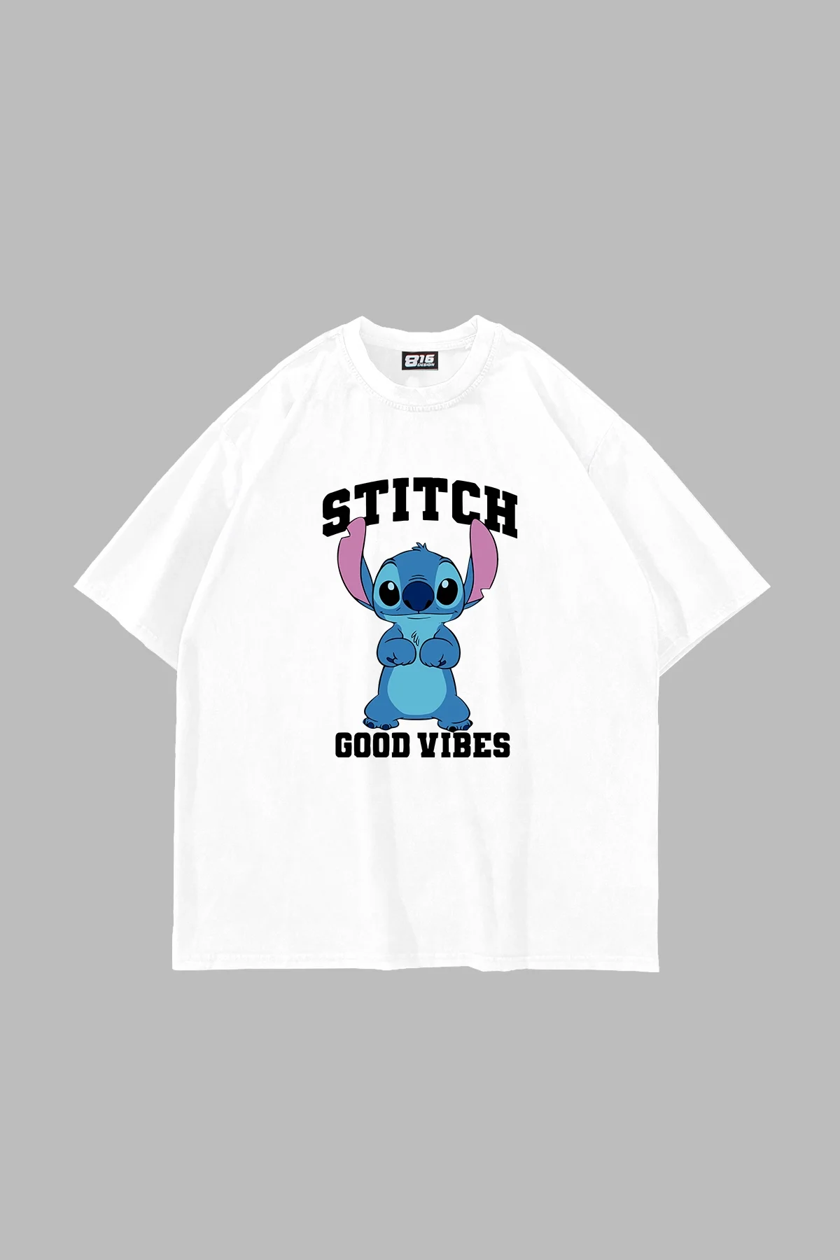 Stitch Good Vibes Baskılı Oversize Unisex Beyaz Tshirt