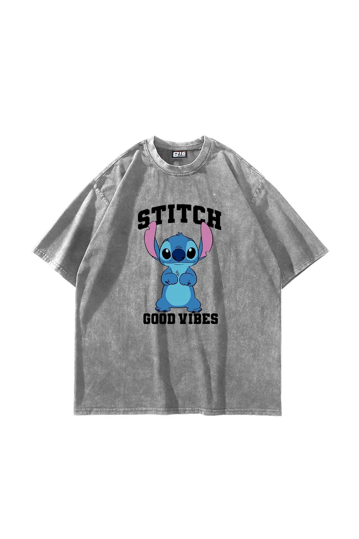 Stitch Good Vibes Baskılı Oversize Unisex Yıkamalı Beyaz Tshirt