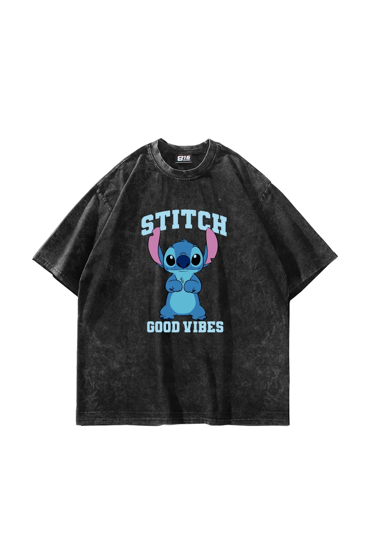 Stitch Good Vibes Baskılı Oversize Unisex Yıkamalı Siyah Tshirt