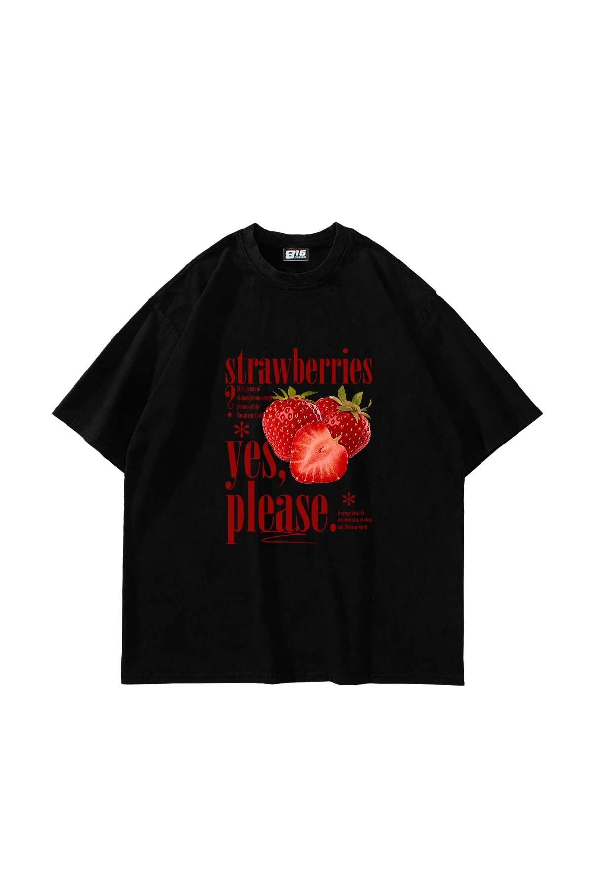 Strawberries Baskılı Oversize Unisex Siyah Tshirt