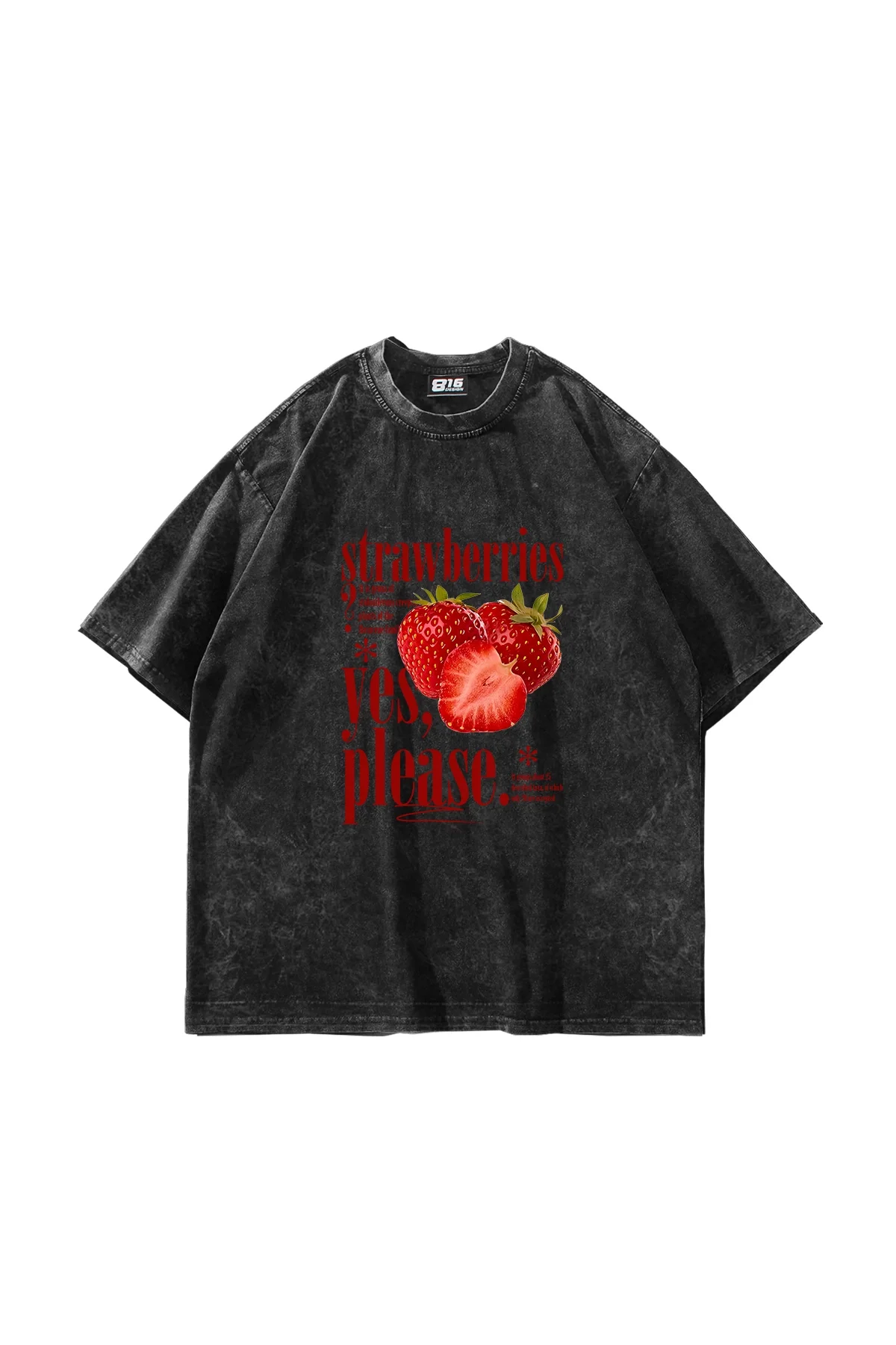 Strawberries Baskılı Oversize Unisex Yıkamalı Siyah Tshirt