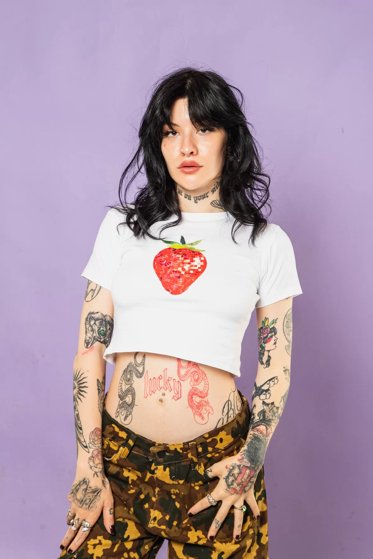 Strawberry Disco Baskılı Beyaz Crop Top