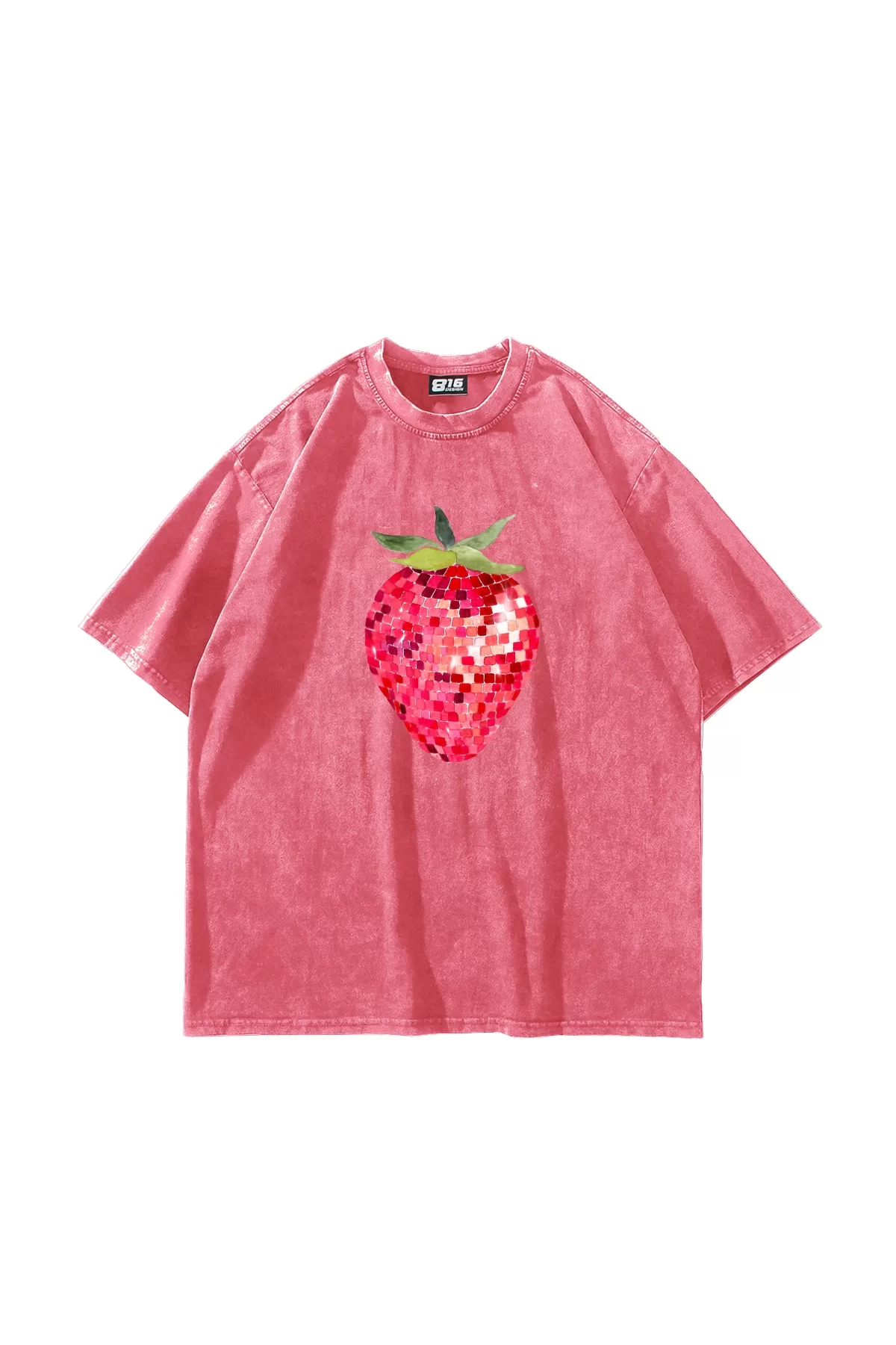 Strawberry Disco Baskılı Oversize Unisex Yıkamalı Pembe Tshirt