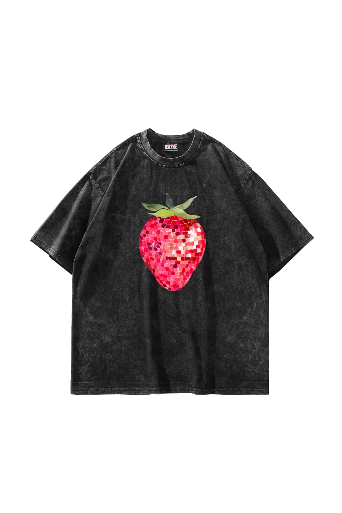 Strawberry Disco Baskılı Oversize Unisex Yıkamalı Siyah Tshirt