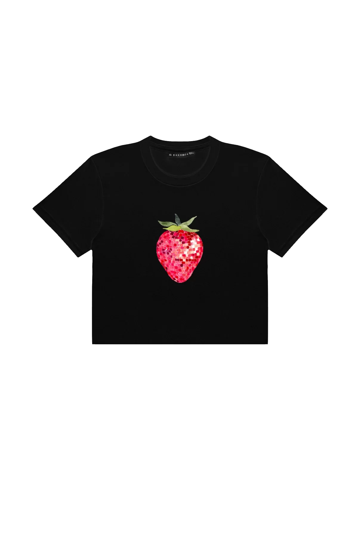 Strawberry Disco Baskılı Siyah Crop Top