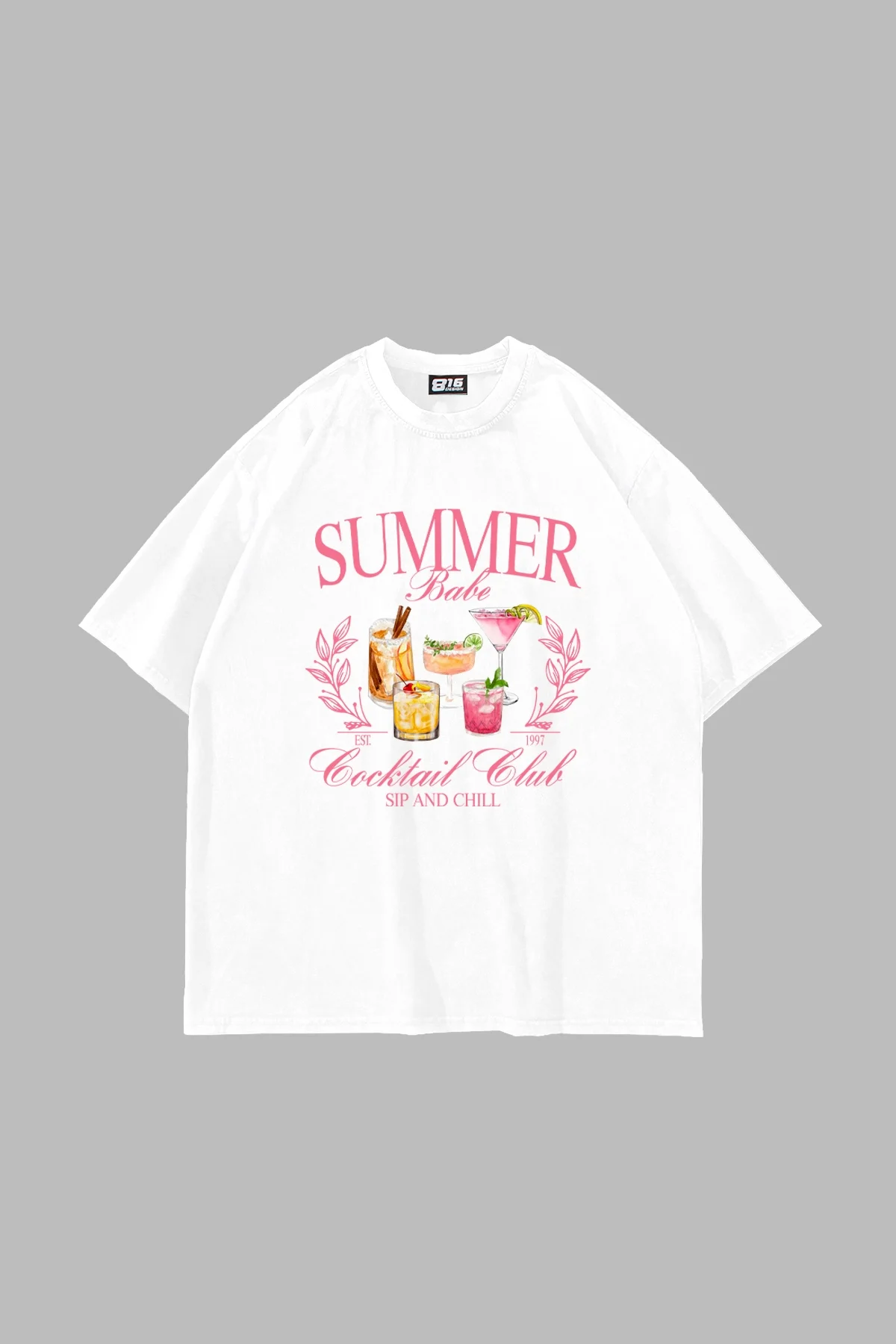 Summer Cocktail Baskılı Oversize Unisex Beyaz Tshirt