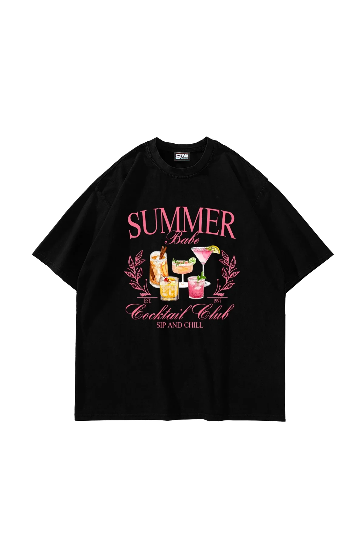 Summer Cocktail Baskılı Oversize Unisex Siyah Tshirt