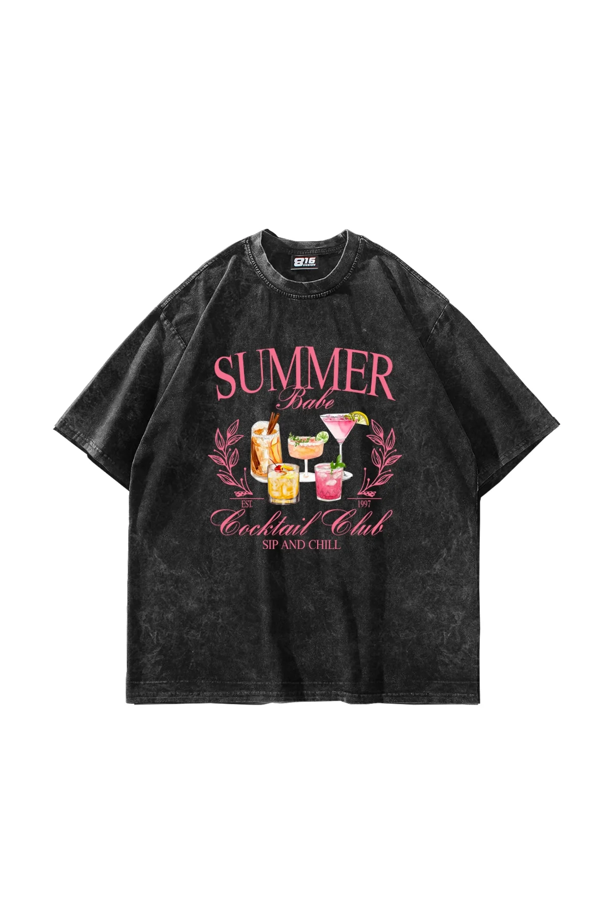 Summer Cocktail Baskılı Oversize Unisex Yıkamalı Siyah Tshirt