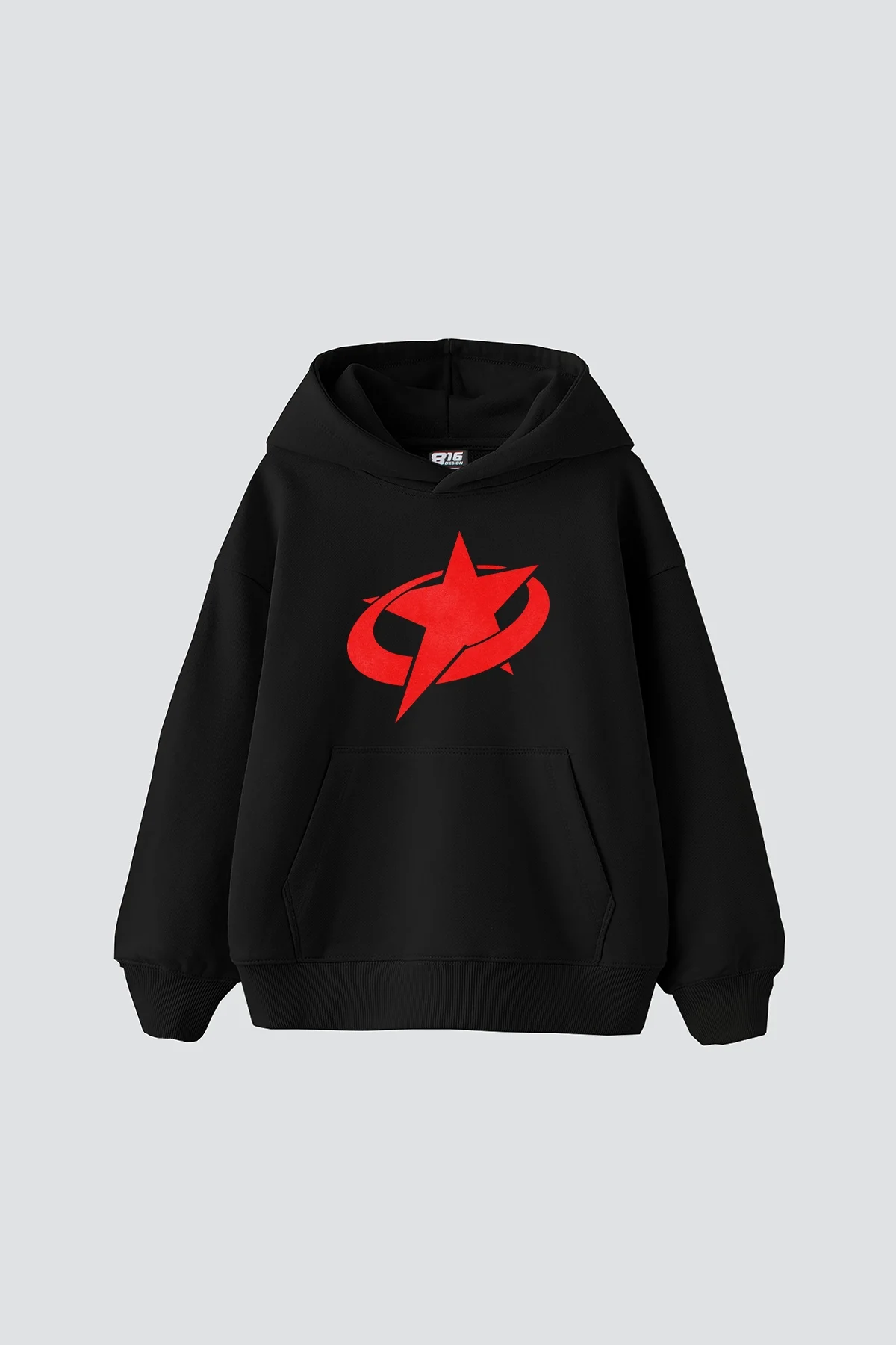 Supernova Kırmızı Baskılı Oversize Unisex Premium Siyah Hoodie