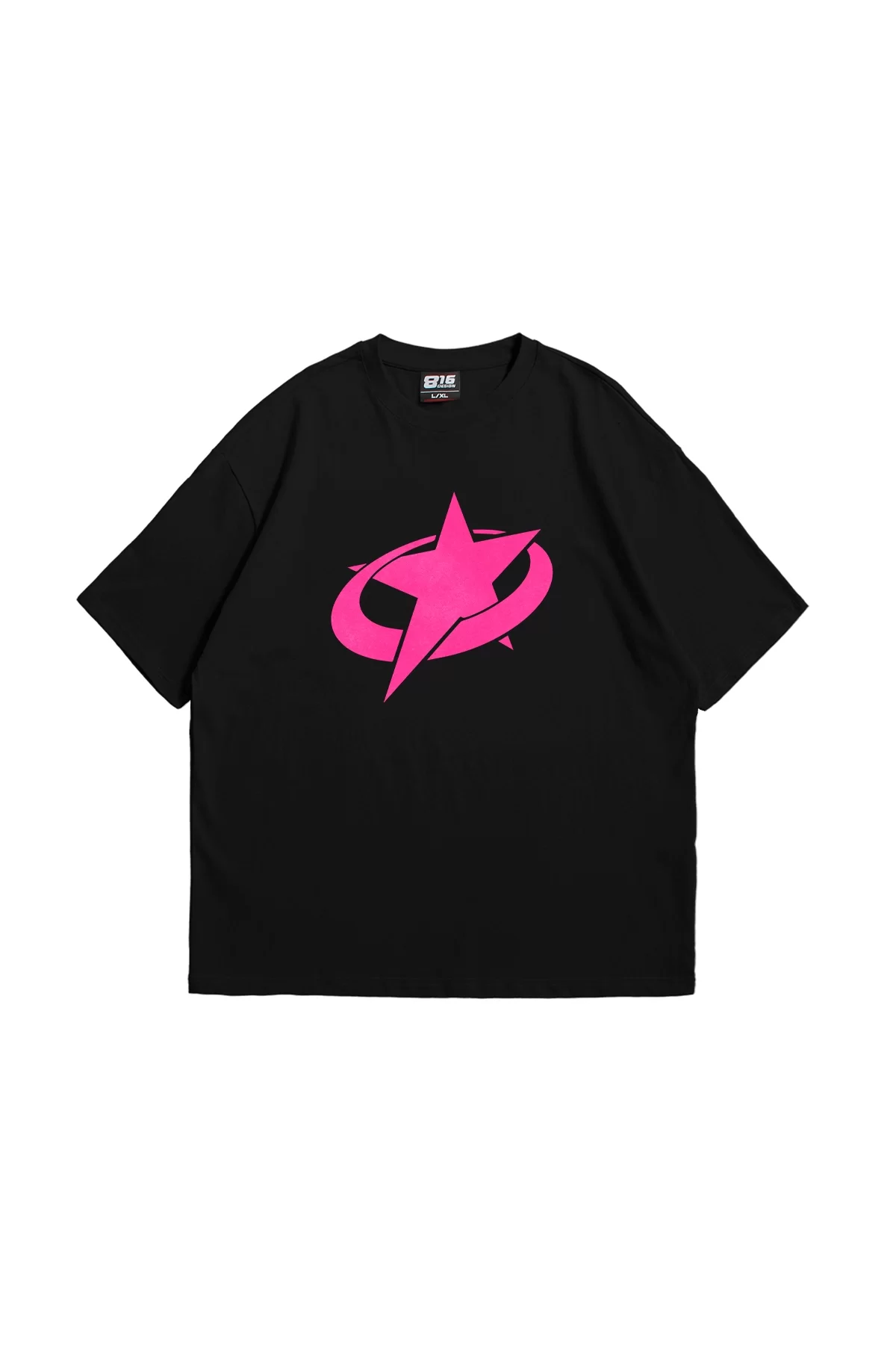 Supernova Pembe Baskılı Oversize Unisex Premium Siyah Tshirt