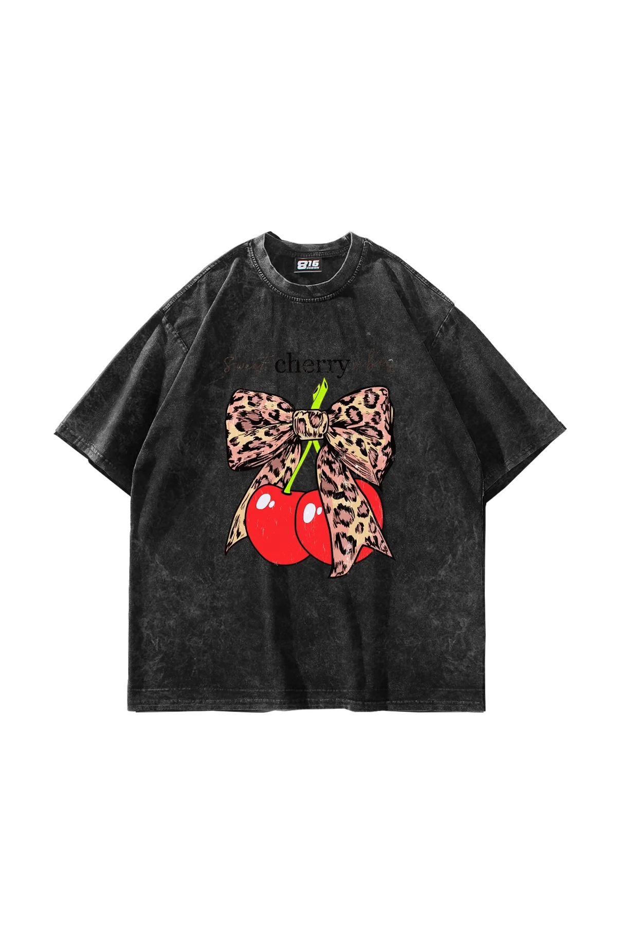 Sweet Cherry Vibes Baskılı Oversize Unisex Yıkamalı Siyah Tshirt