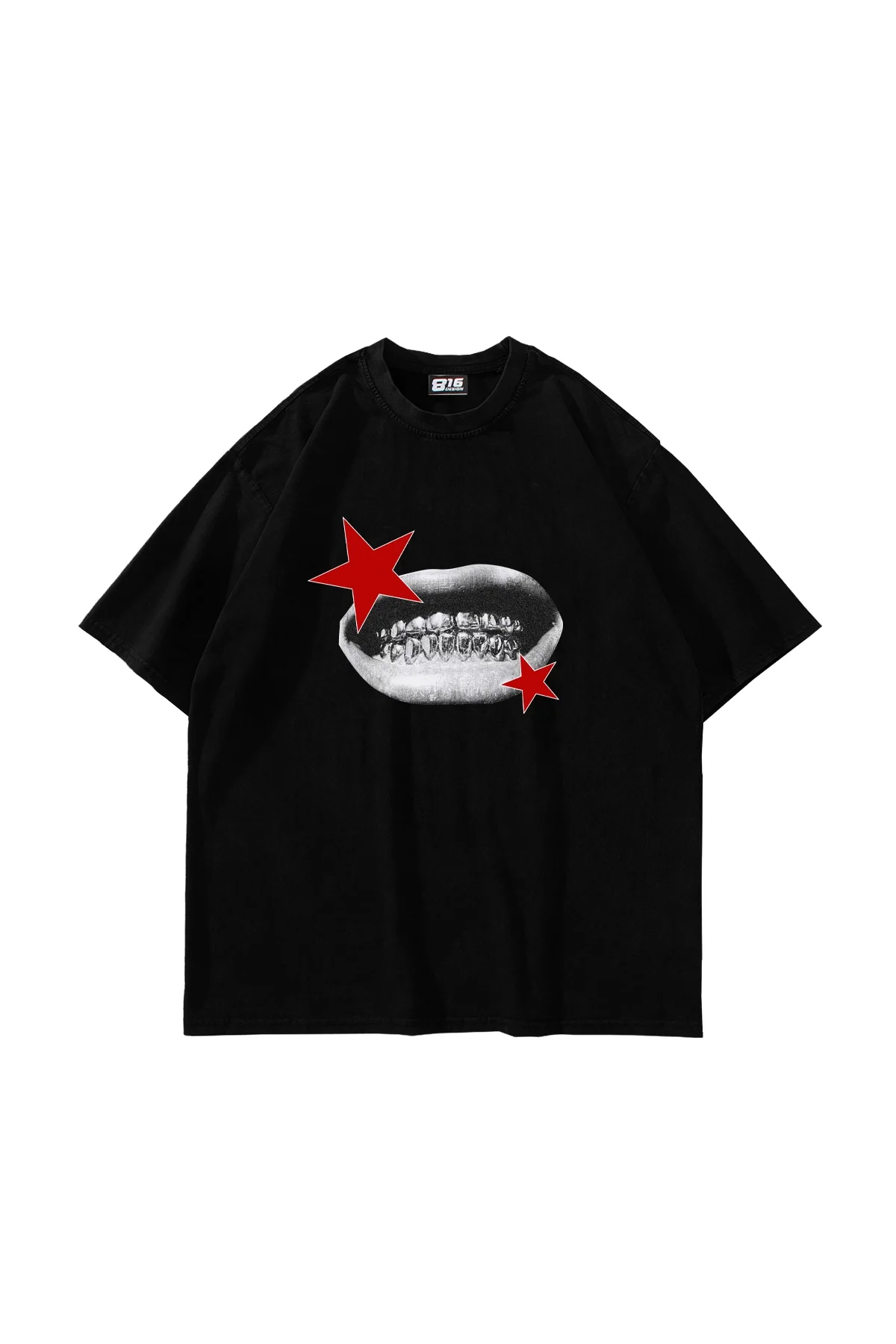 Teeth Star Baskılı Oversize Unisex Siyah Tshirt