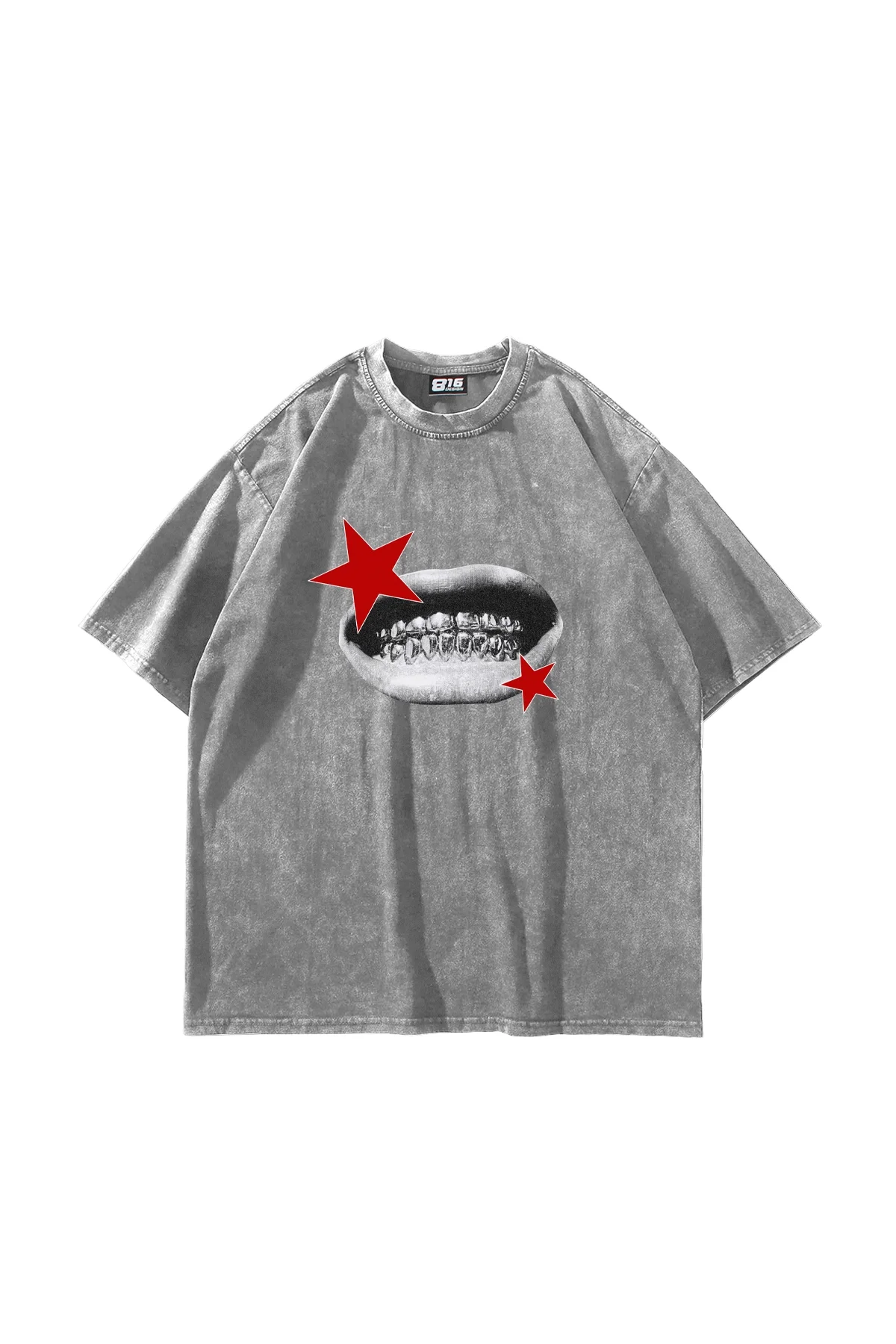 Teeth Star Baskılı Oversize Unisex Yıkamalı Beyaz Tshirt