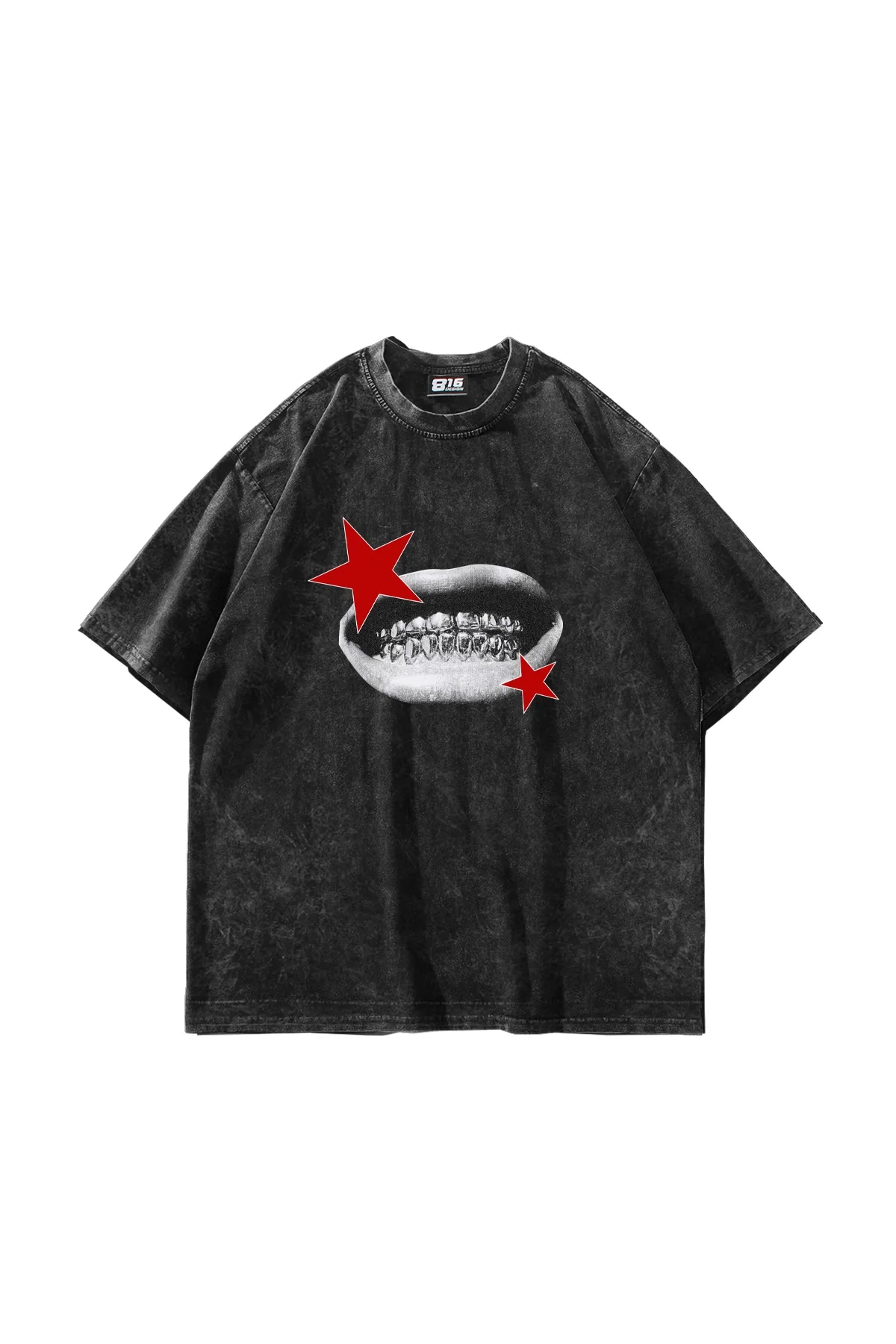Teeth Star Baskılı Oversize Unisex Yıkamalı Siyah Tshirt