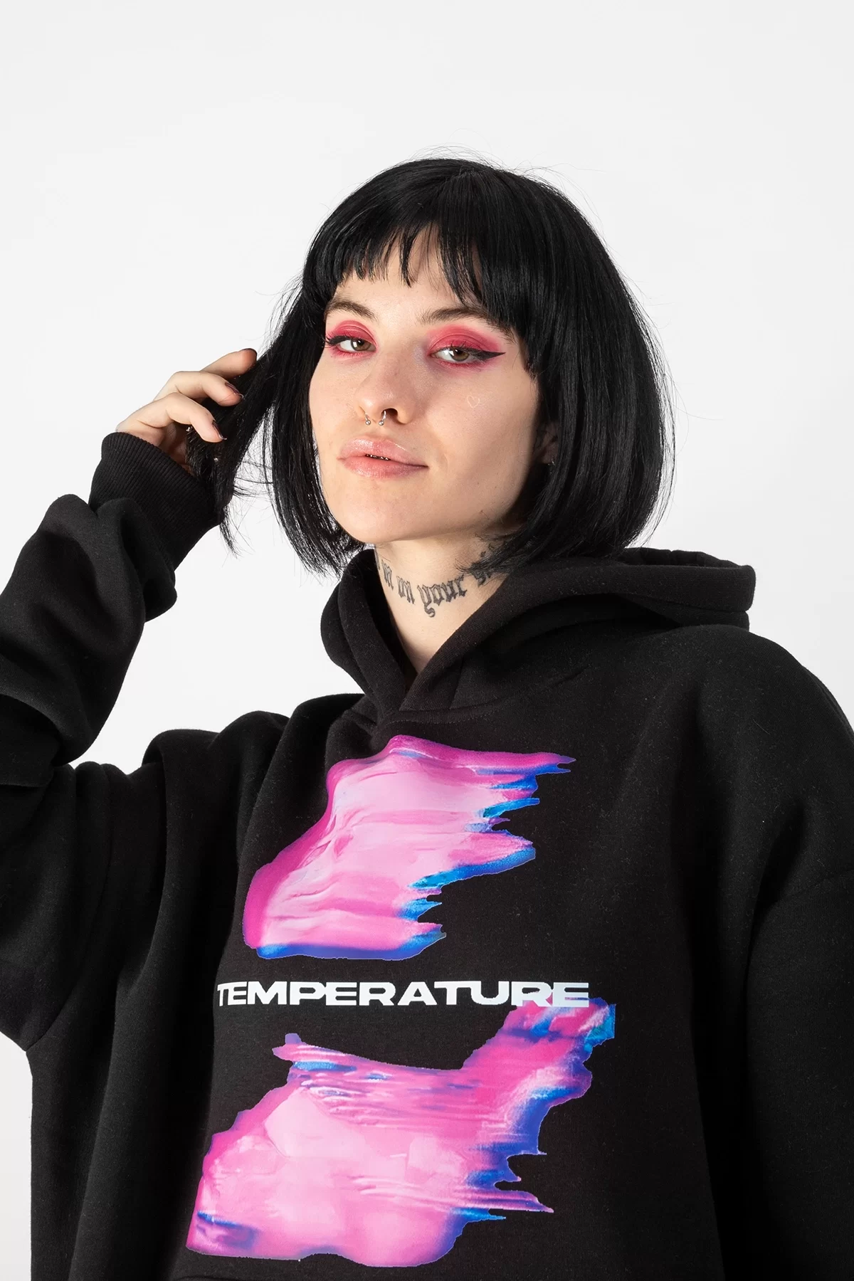 Temperature Baskılı Oversize Unisex Siyah Hoodie